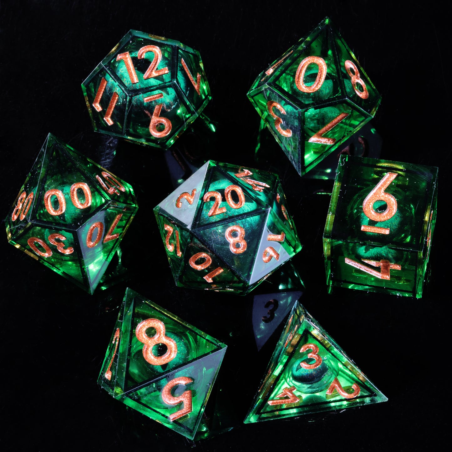 Green Dragon Eye2 Handmade Sharp Edge 7 Piece Resin d&d Dungeons and Dragons Dice Set