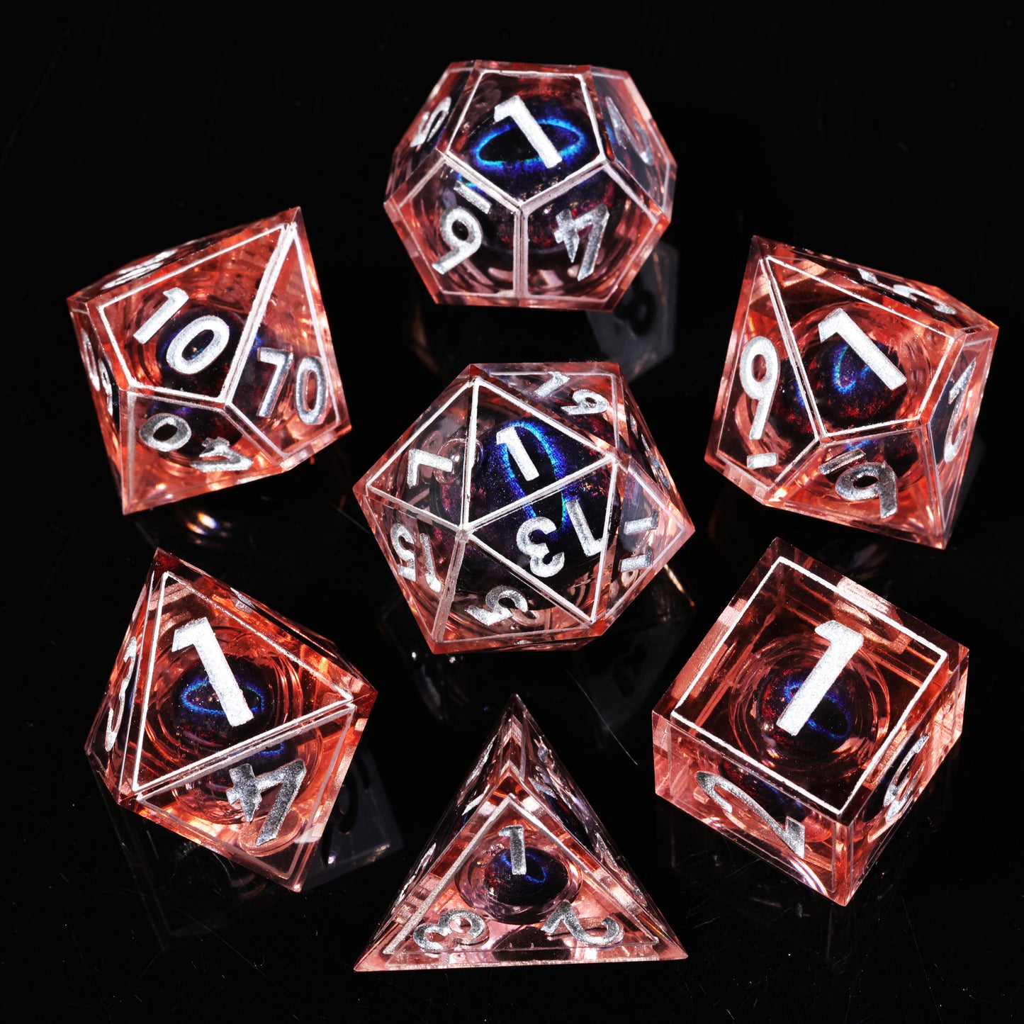 Fire Blue Dragon Eye3 Handmade Sharp Edge 7 Piece Resin d&d Dungeons and Dragons Dice Set
