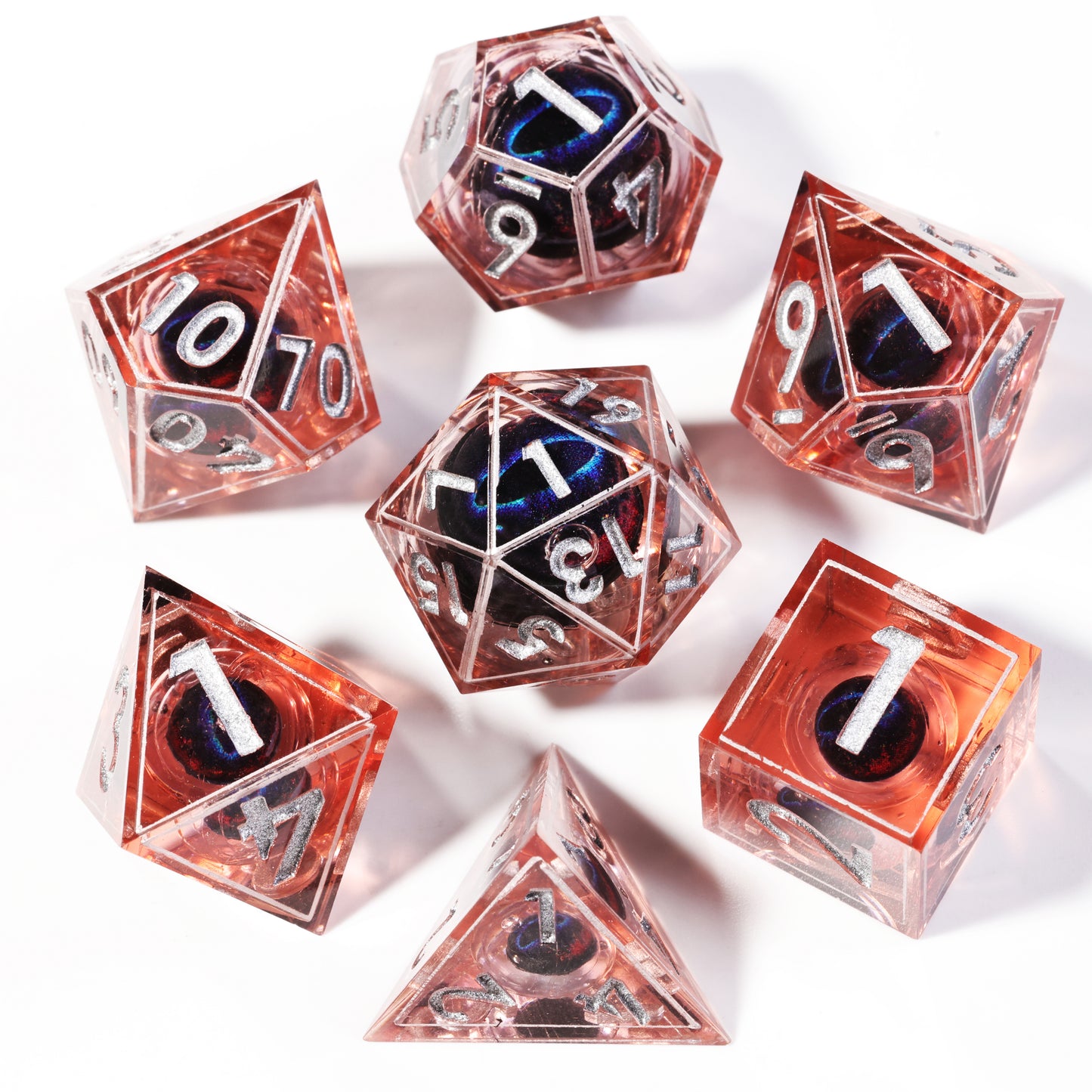Fire Blue Dragon Eye3 Handmade Sharp Edge 7 Piece Resin d&d Dungeons and Dragons Dice Set