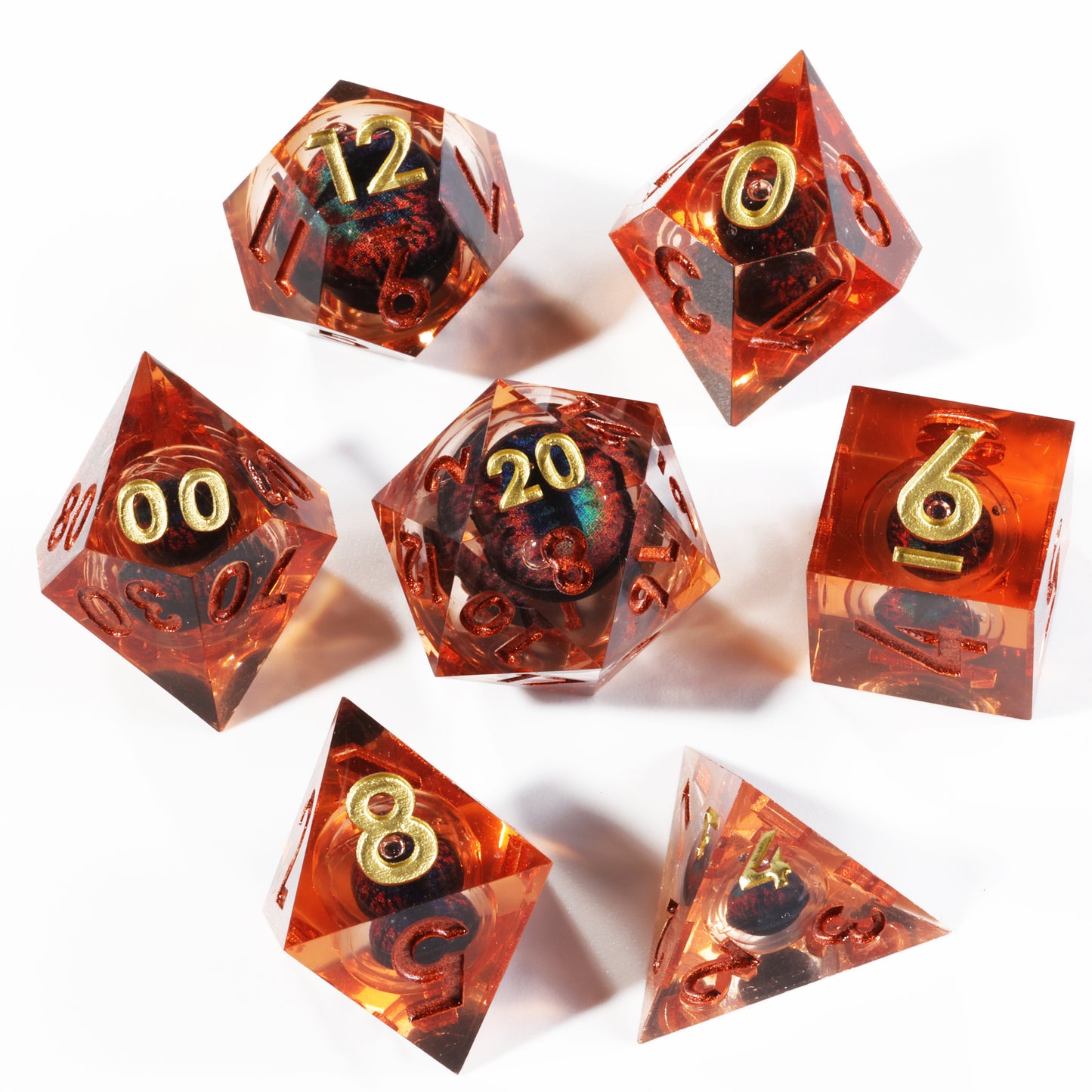 Orange Dragon Eye1 Handmade Sharp Edge 7 Piec Reesin d&d Dungeons and Dragons Dice Set