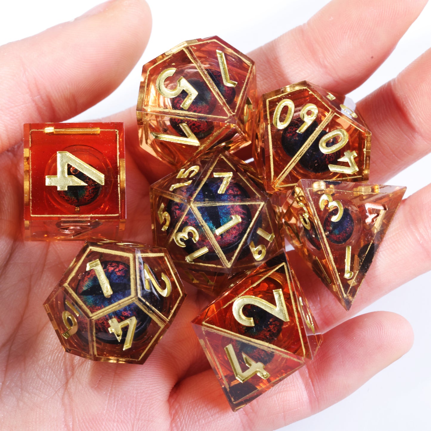 Orange Dragon Eye2 Handmade Sharp Edge 7 Piec Reesin d&d Dungeons and Dragons Dice Set