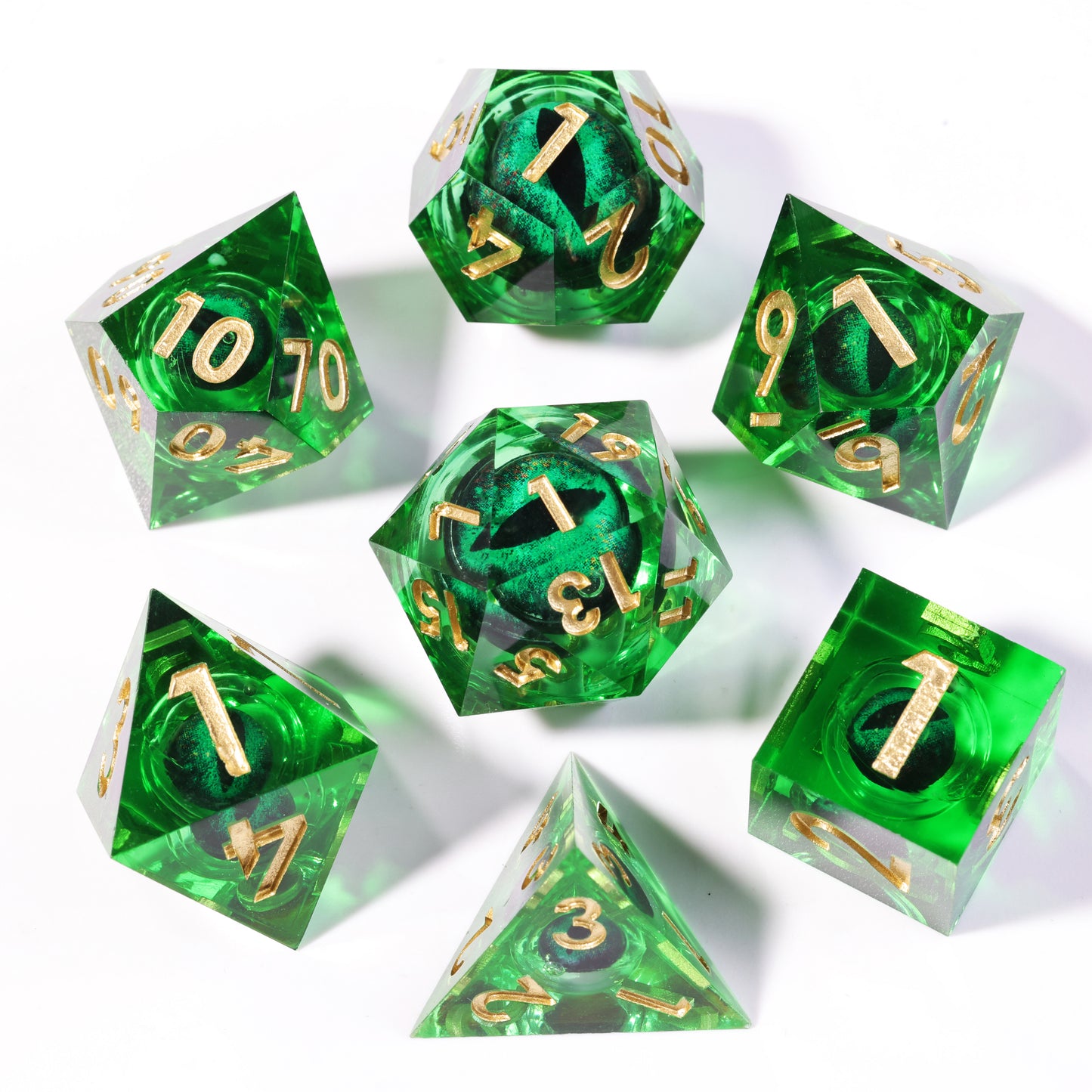Green Dragon Eye1 Handmade Sharp Edge 7 PieceResin d&d Dungeons and Dragons Dice Set