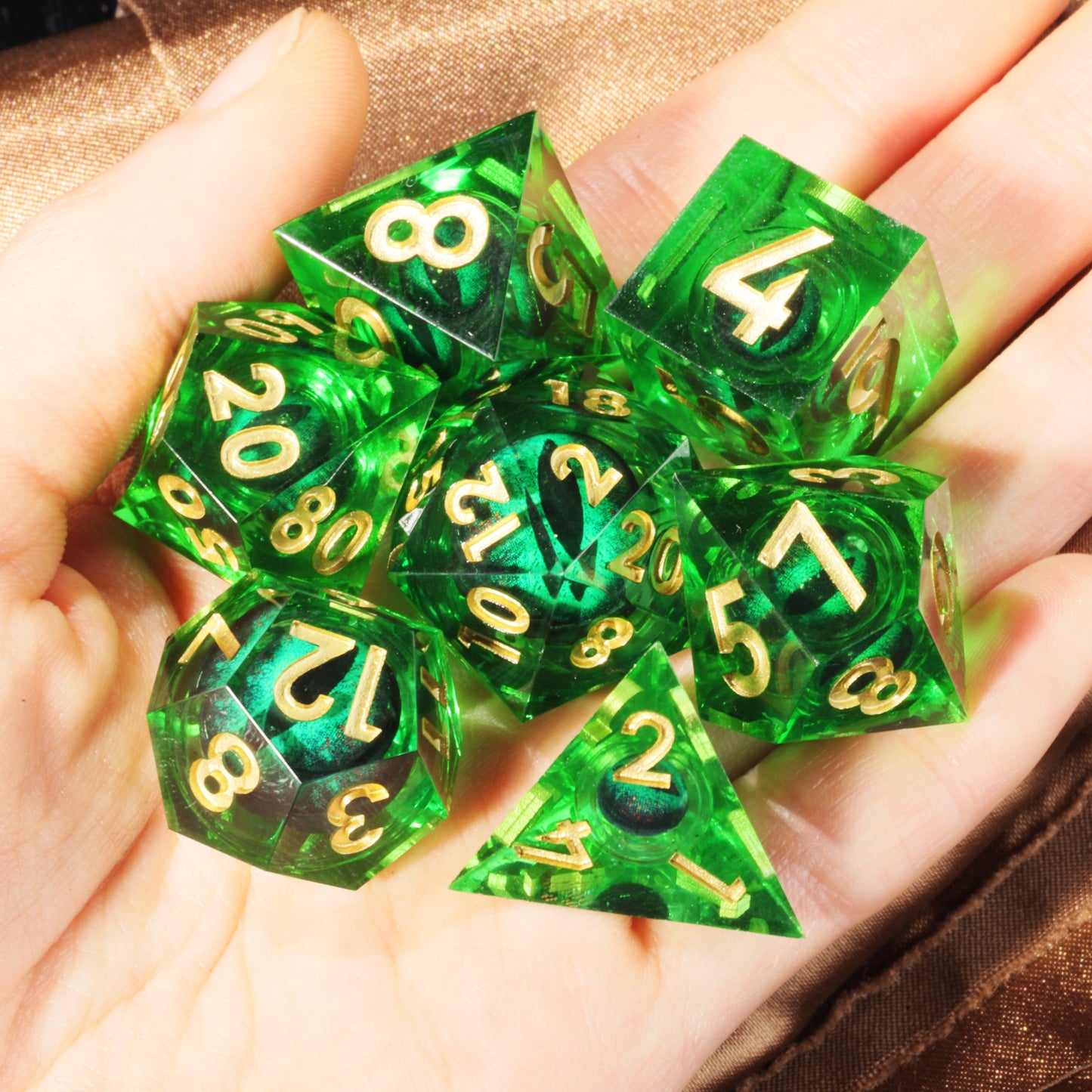 Green Dragon Eye1 Handmade Sharp Edge 7 PieceResin d&d Dungeons and Dragons Dice Set