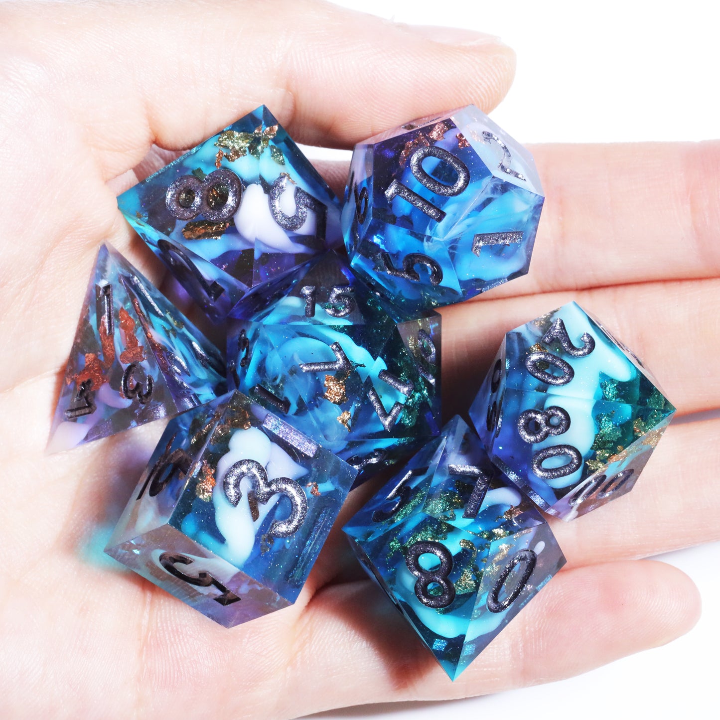Ice Age Handmade Sharp Edge 7 Piece Resin d&d Dungeons and Dragons Dice Set