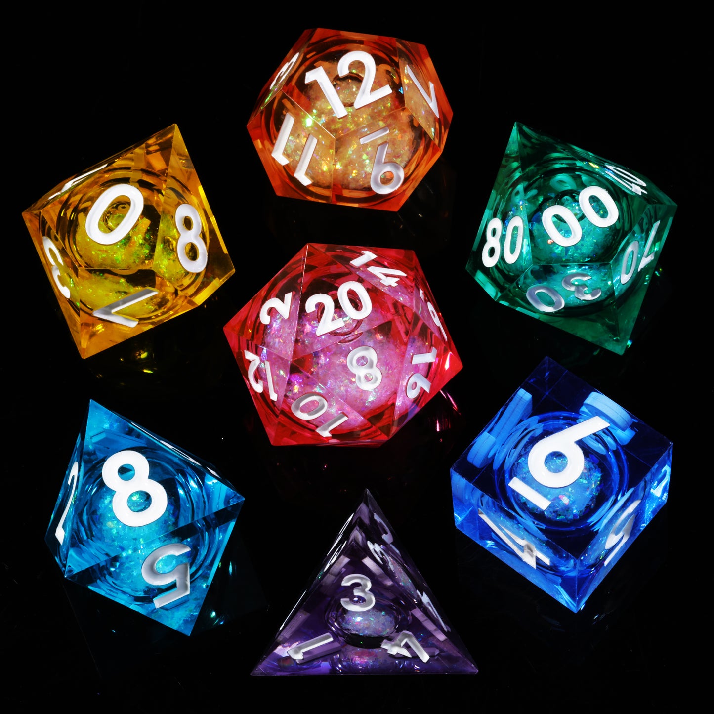 Liquid Core Rainbow Handmade Sharp Edge 7 Piece Resin d&d Dungeons and Dragons Dice Set