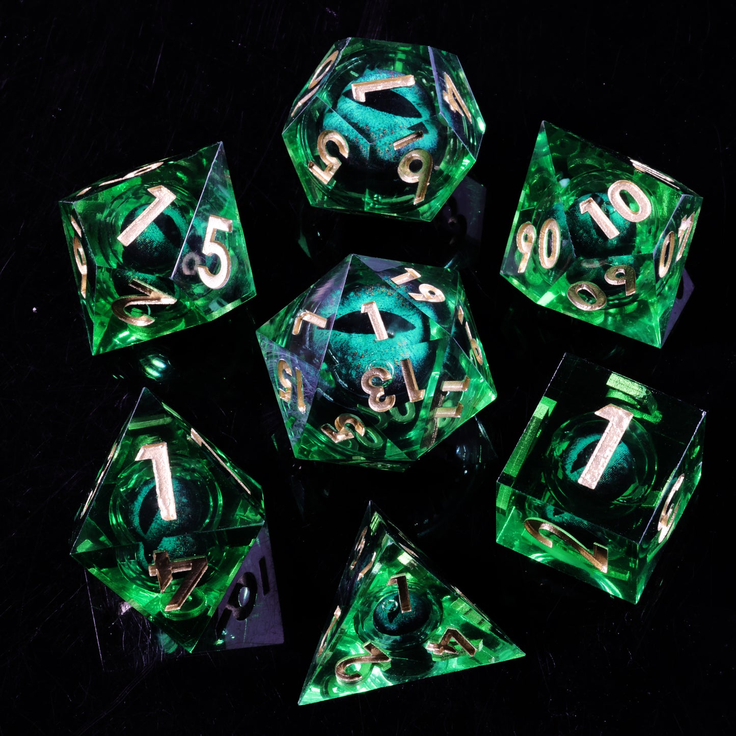 Green Dragon Eye1 Handmade Sharp Edge 7 PieceResin d&d Dungeons and Dragons Dice Set