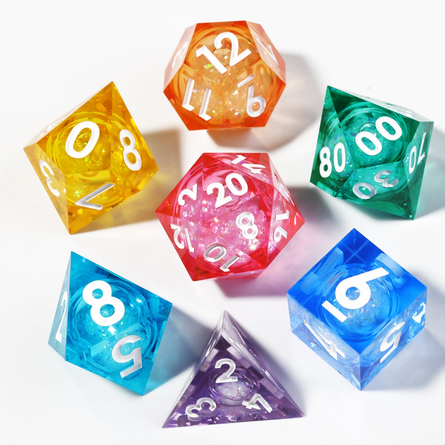 Liquid Core Rainbow Handmade Sharp Edge 7 Piece Resin d&d Dungeons and Dragons Dice Set