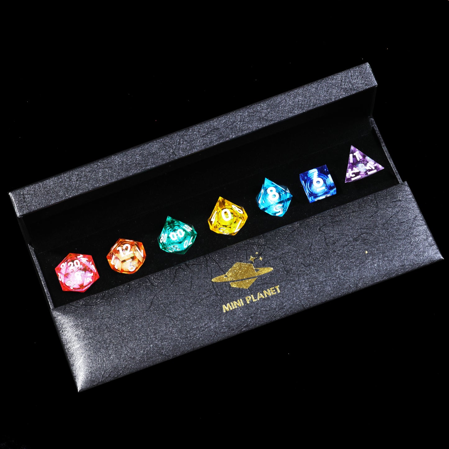 Liquid Core Rainbow Handmade Sharp Edge 7 Piece Resin d&d Dungeons and Dragons Dice Set