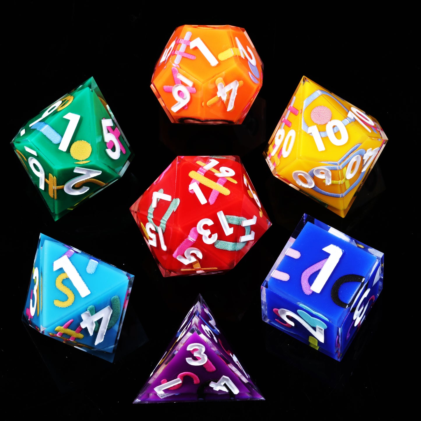 Iconic Rainbow Handmade Sharp Edge 7 Piece Resin d&d Dungeons and Dragons Dice Set