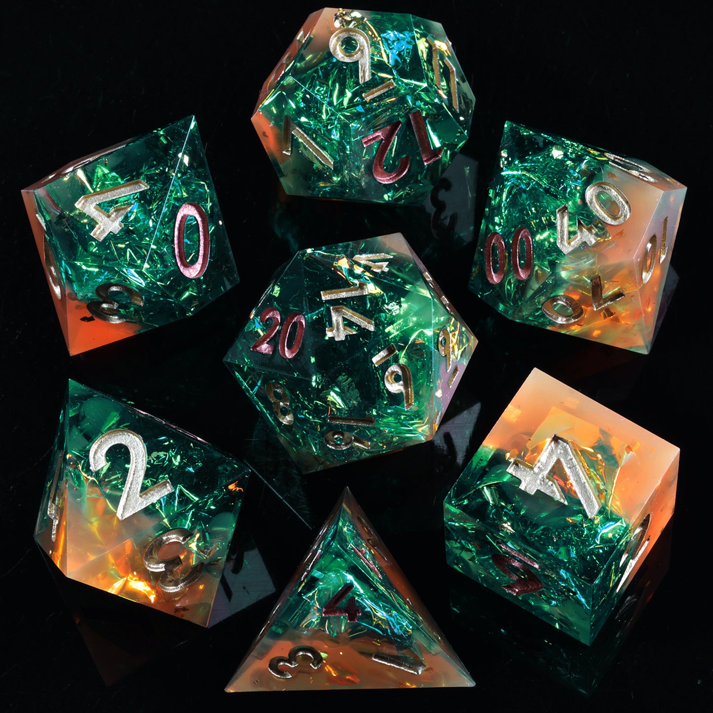 Fredom And Piety Handmade Sharp Edge 7 Piece Resin d&d Dungeons and Dragons Dice Set