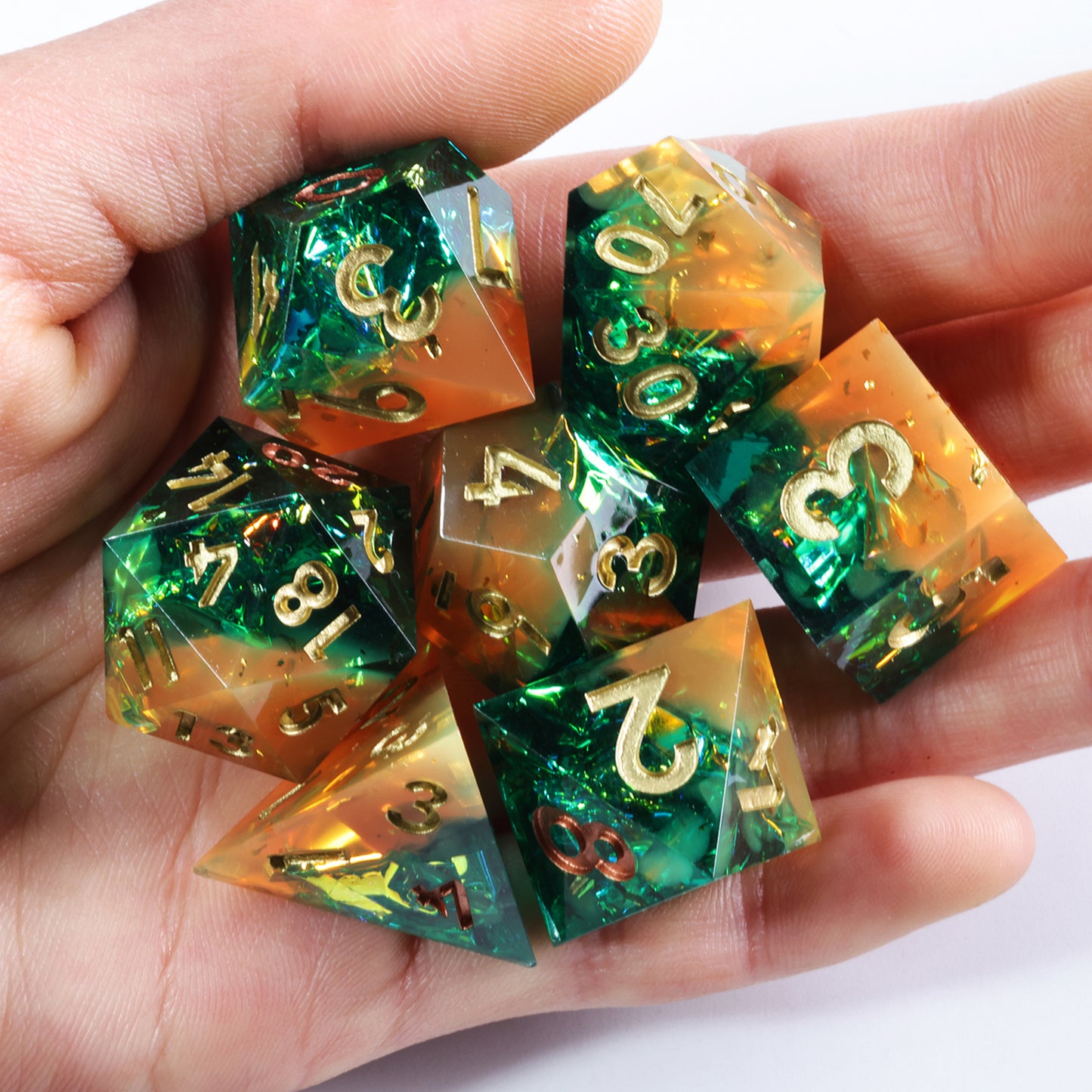 Fredom And Piety Handmade Sharp Edge 7 Piece Resin d&d Dungeons and Dragons Dice Set