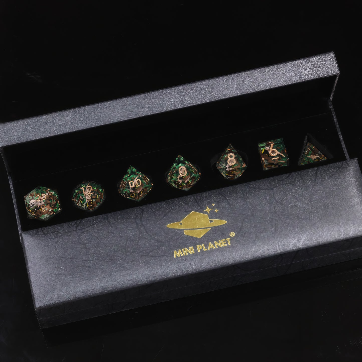 Prehistoric Realm - Hand-Painted Dinosaur Crystal Clear Resin DND Dice Set | 7-Piece Polyhedral Dice with 3D Printed Terrain Base for TTRPG Roleplaying