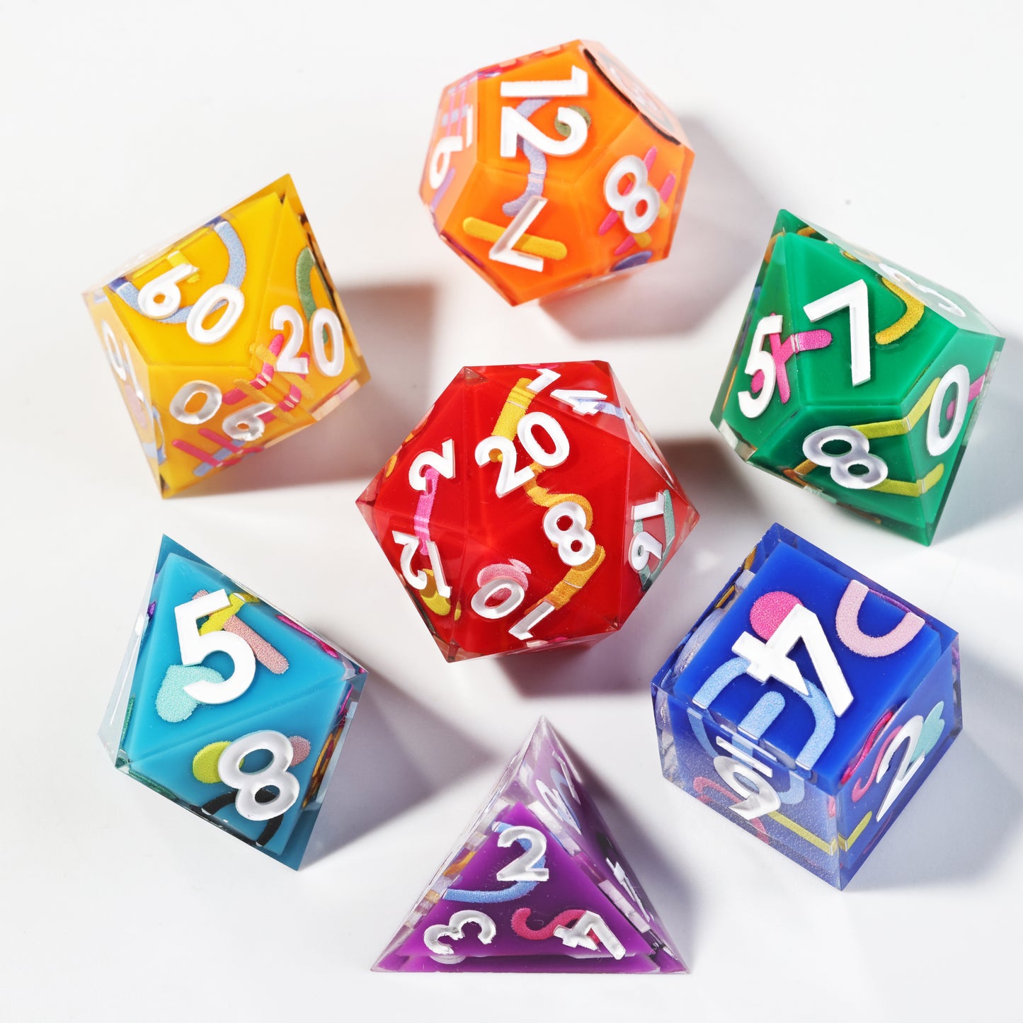 Iconic Rainbow Handmade Sharp Edge 7 Piece Resin d&d Dungeons and Dragons Dice Set