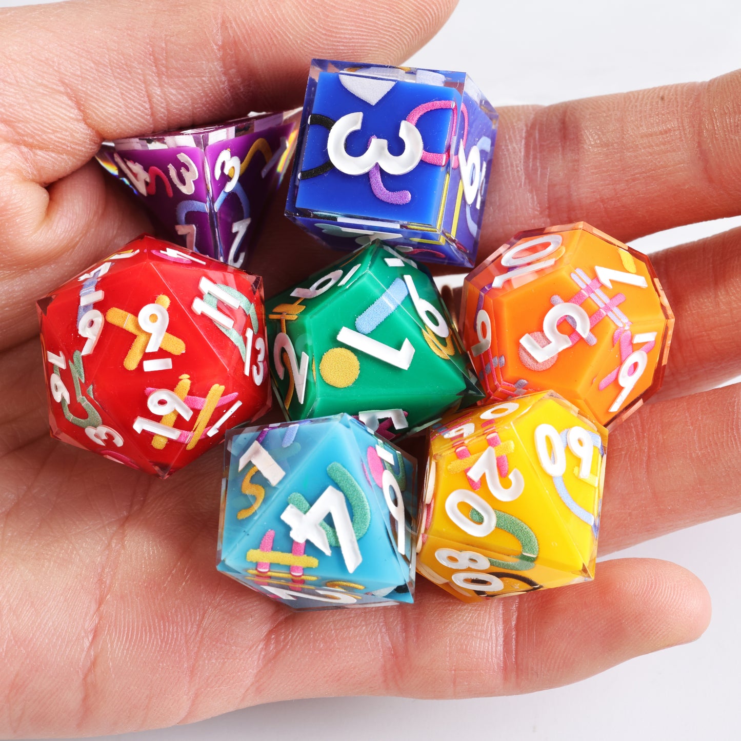 Iconic Rainbow Handmade Sharp Edge 7 Piece Resin d&d Dungeons and Dragons Dice Set