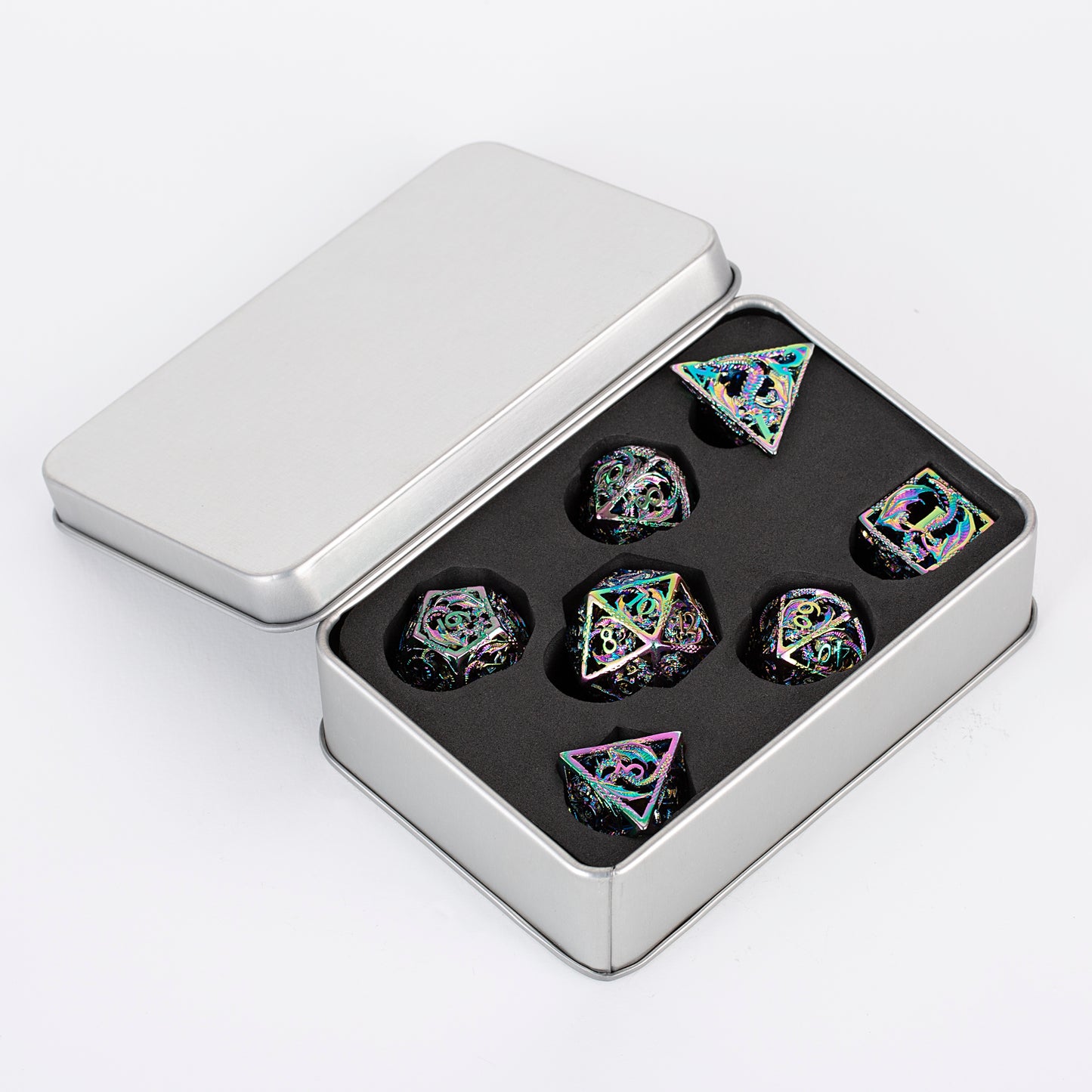 ๐ Dragon Soars Through Clouds - Hollow Flying Dragon Metal Dice Set ๐ฒ