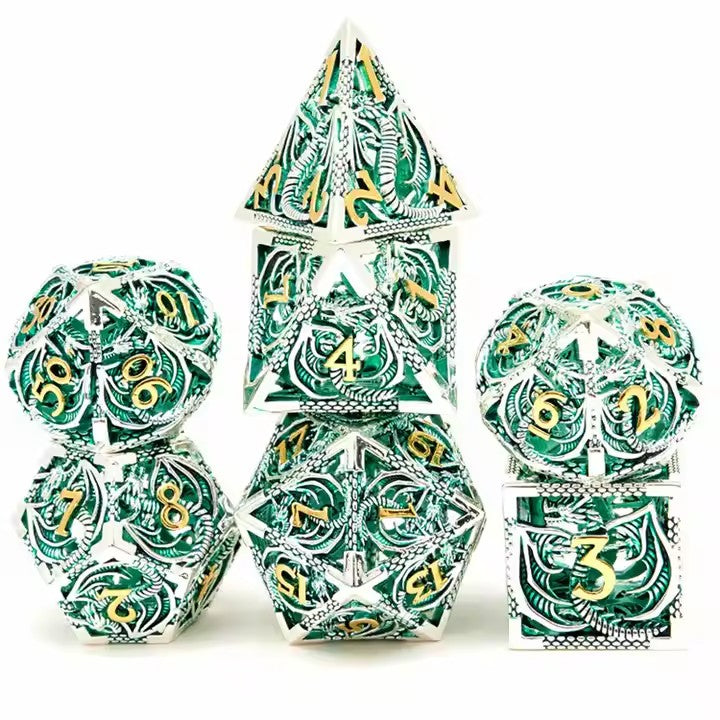 ๐ Dragon Soars Through Clouds - Hollow Flying Dragon Metal Dice Set ๐ฒ