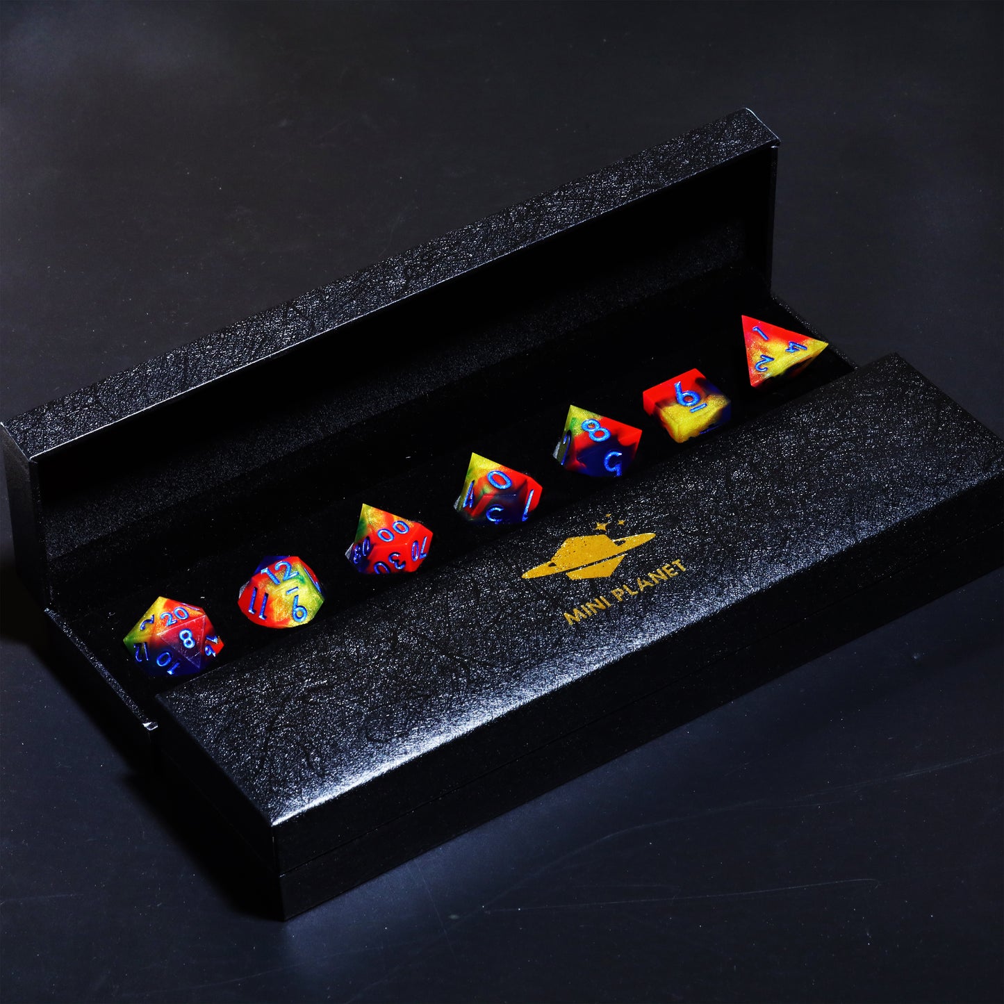 Fire Rainbow Handmade Sharp Edge 7 Piece Resin d&d Dungeons and Dragons Dice Set