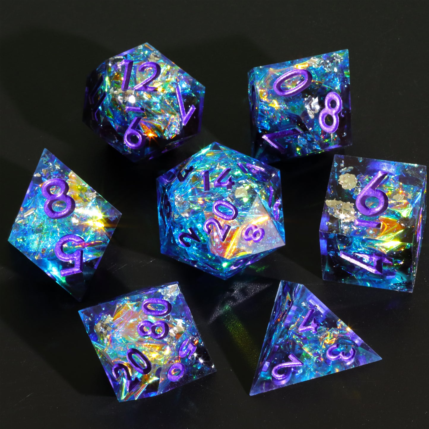Sapphire Handmade Sharp Edge 7 Piece Reesin d&d Dungeons and Dragons Dice Set