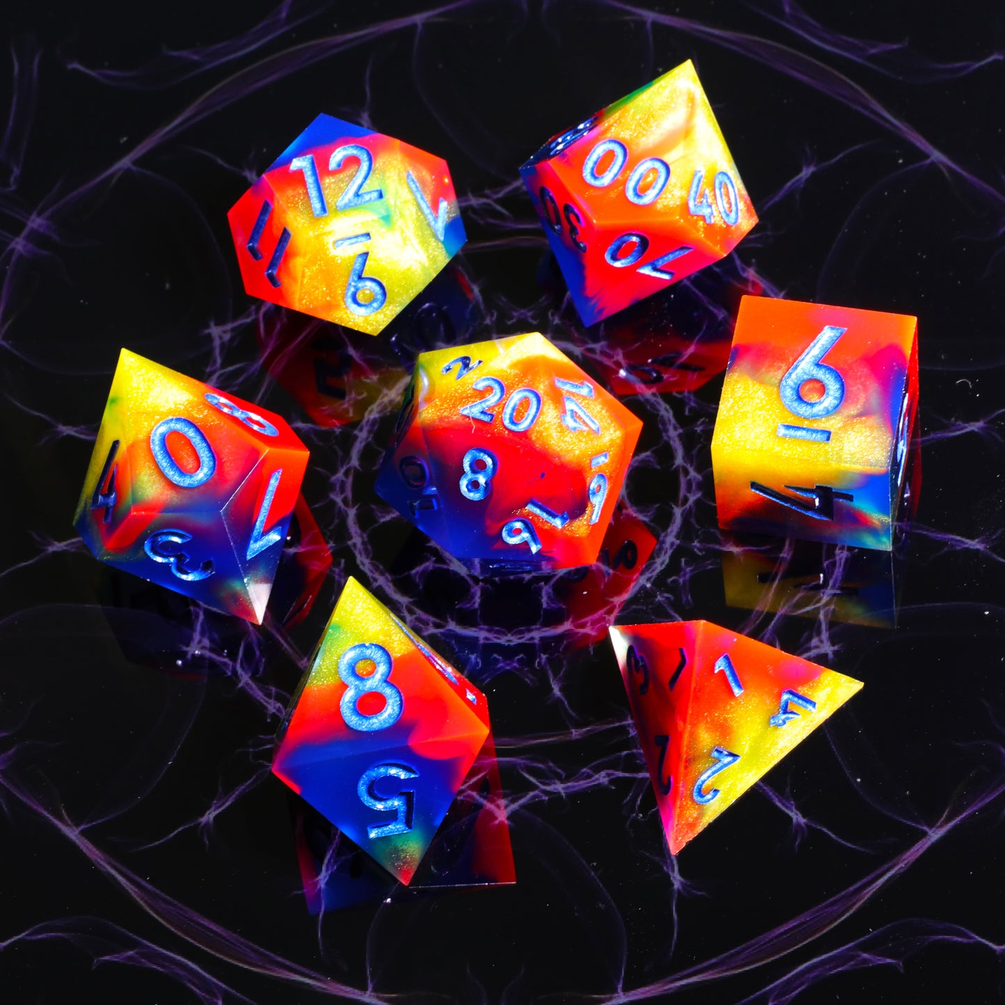 Fire Rainbow Handmade Sharp Edge 7 Piece Resin d&d Dungeons and Dragons Dice Set