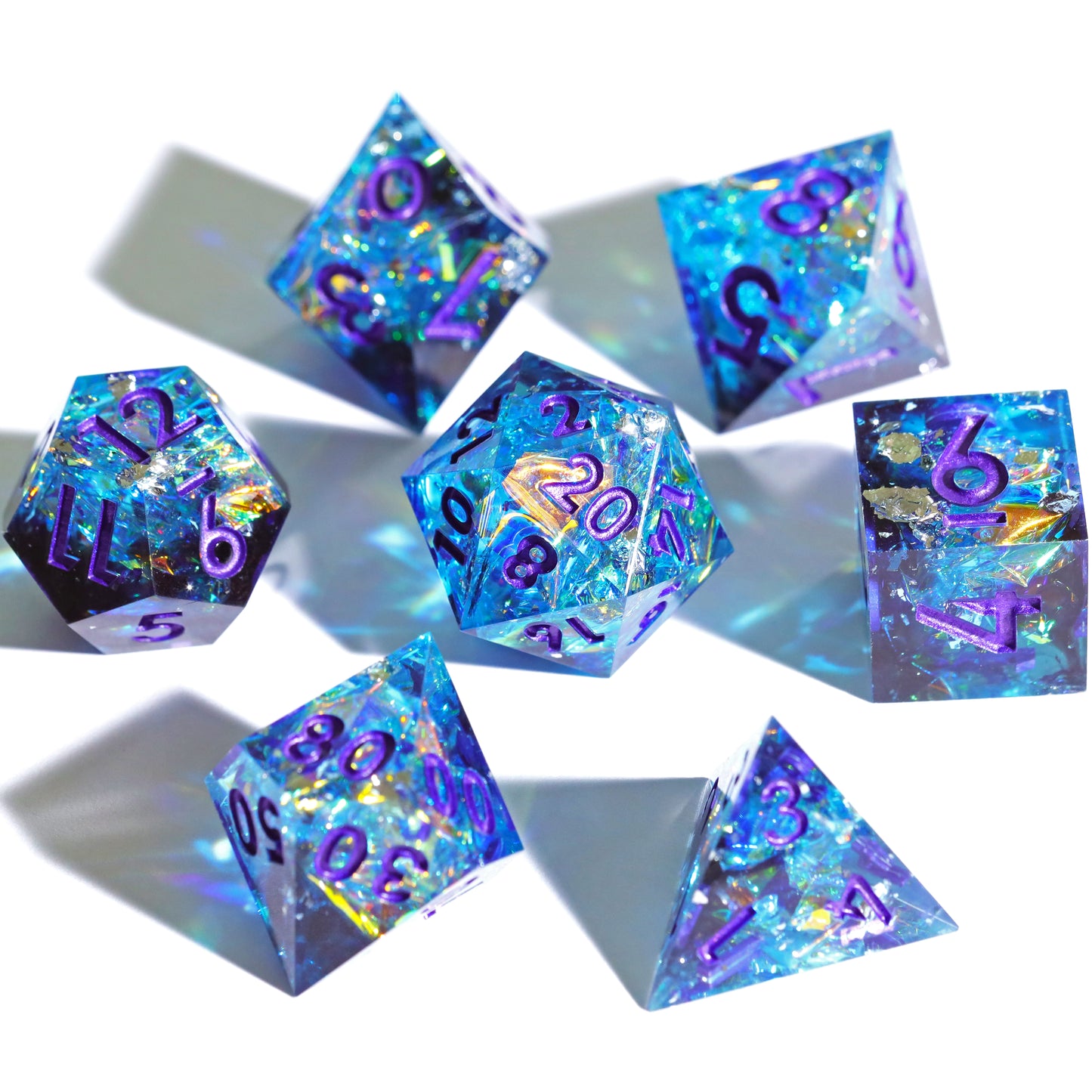 Sapphire Handmade Sharp Edge 7 Piece Reesin d&d Dungeons and Dragons Dice Set