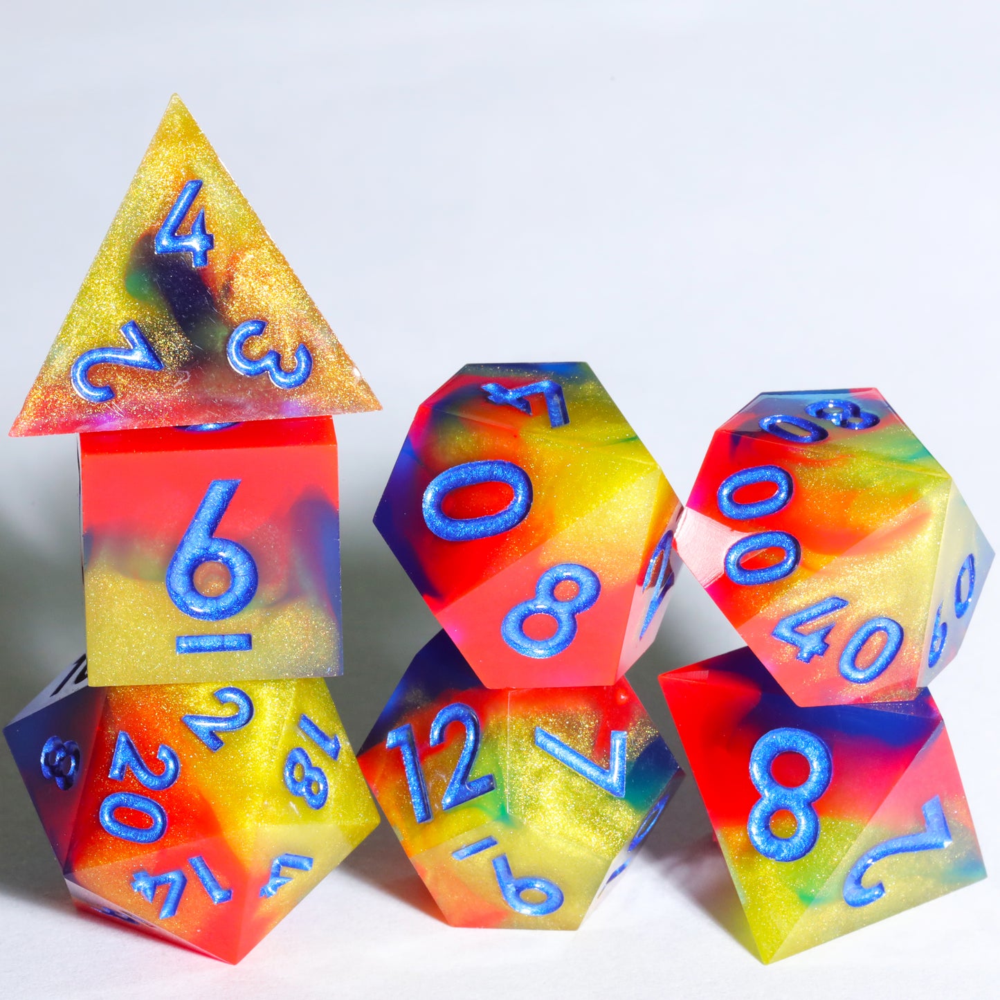 Fire Rainbow Handmade Sharp Edge 7 Piece Resin d&d Dungeons and Dragons Dice Set