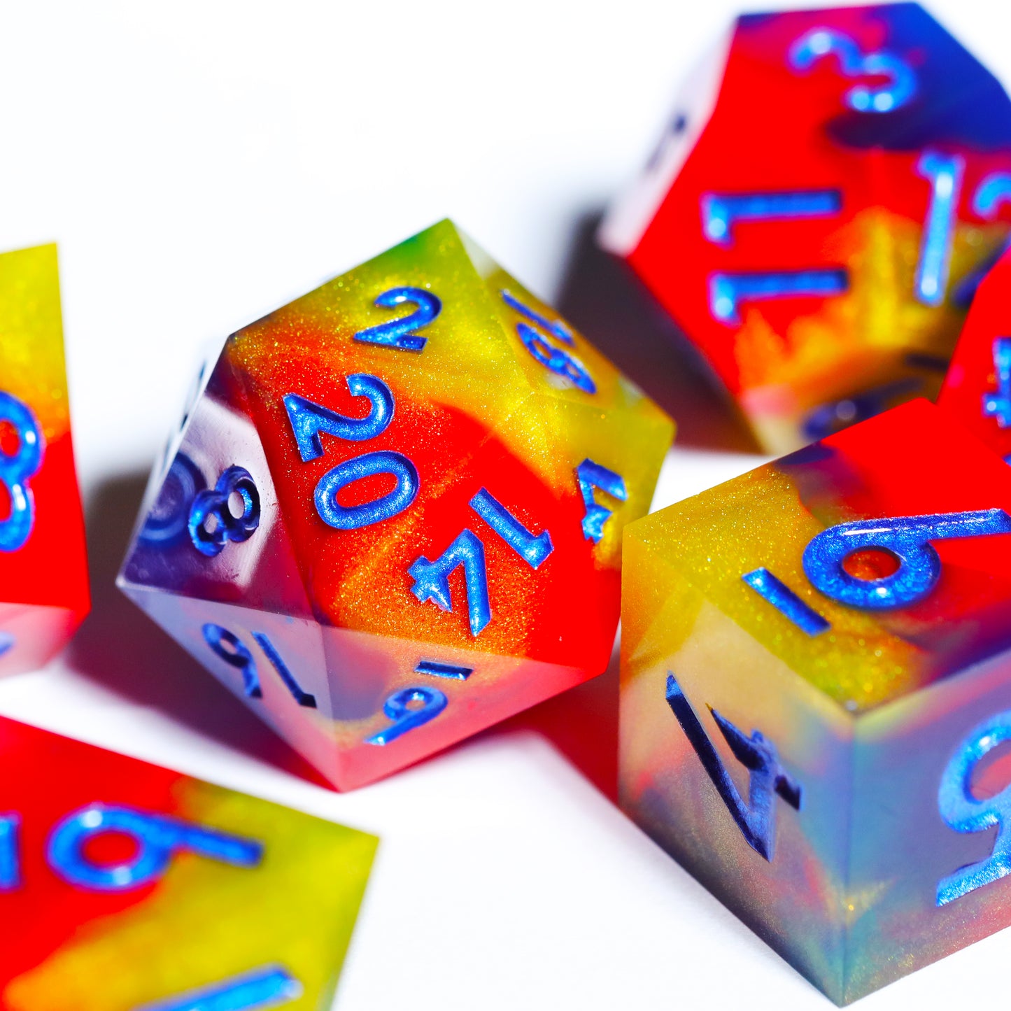 Fire Rainbow Handmade Sharp Edge 7 Piece Resin d&d Dungeons and Dragons Dice Set
