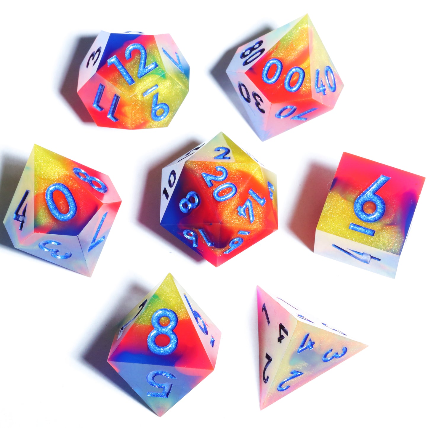 Fire Rainbow Handmade Sharp Edge 7 Piece Resin d&d Dungeons and Dragons Dice Set