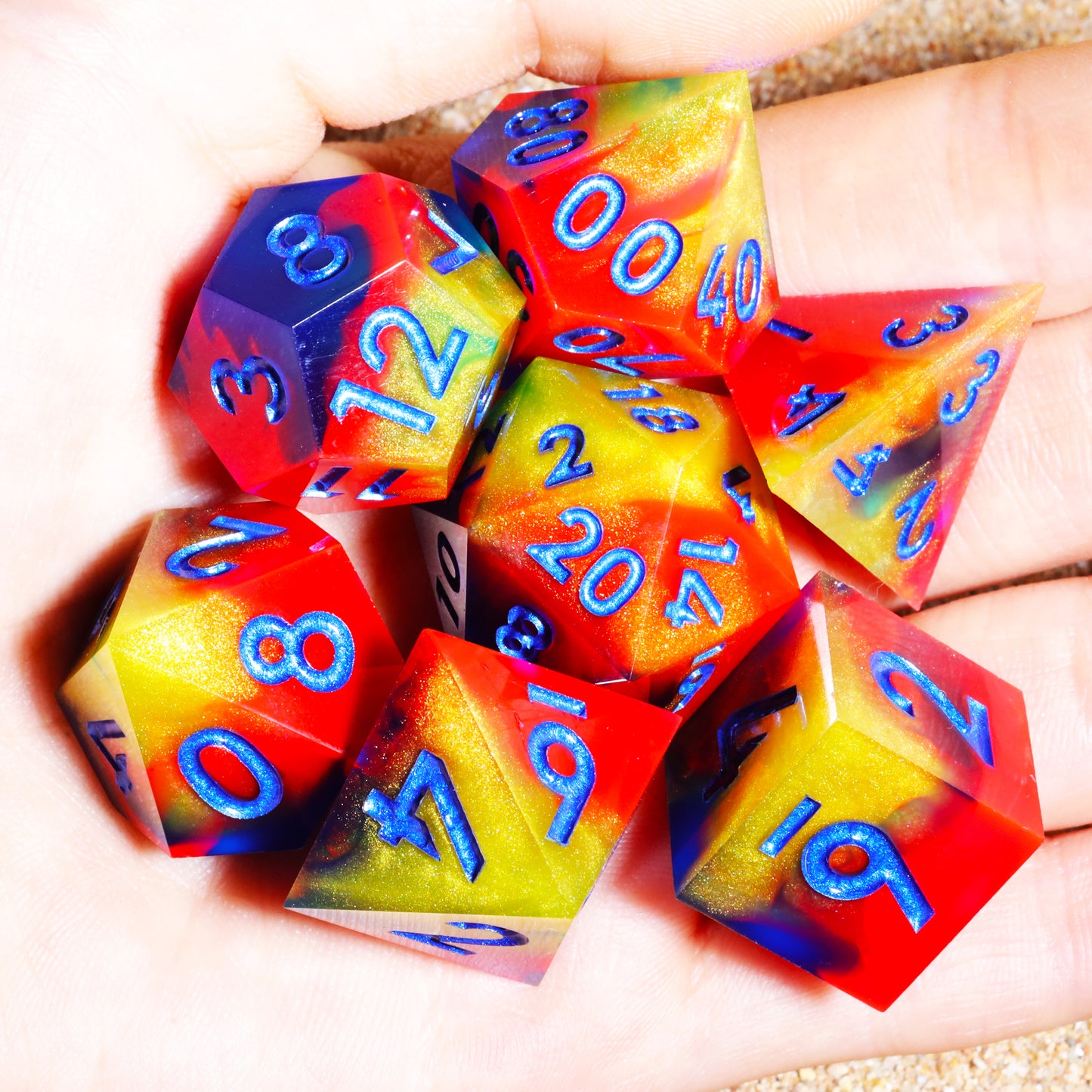 Fire Rainbow Handmade Sharp Edge 7 Piece Resin d&d Dungeons and Dragons Dice Set