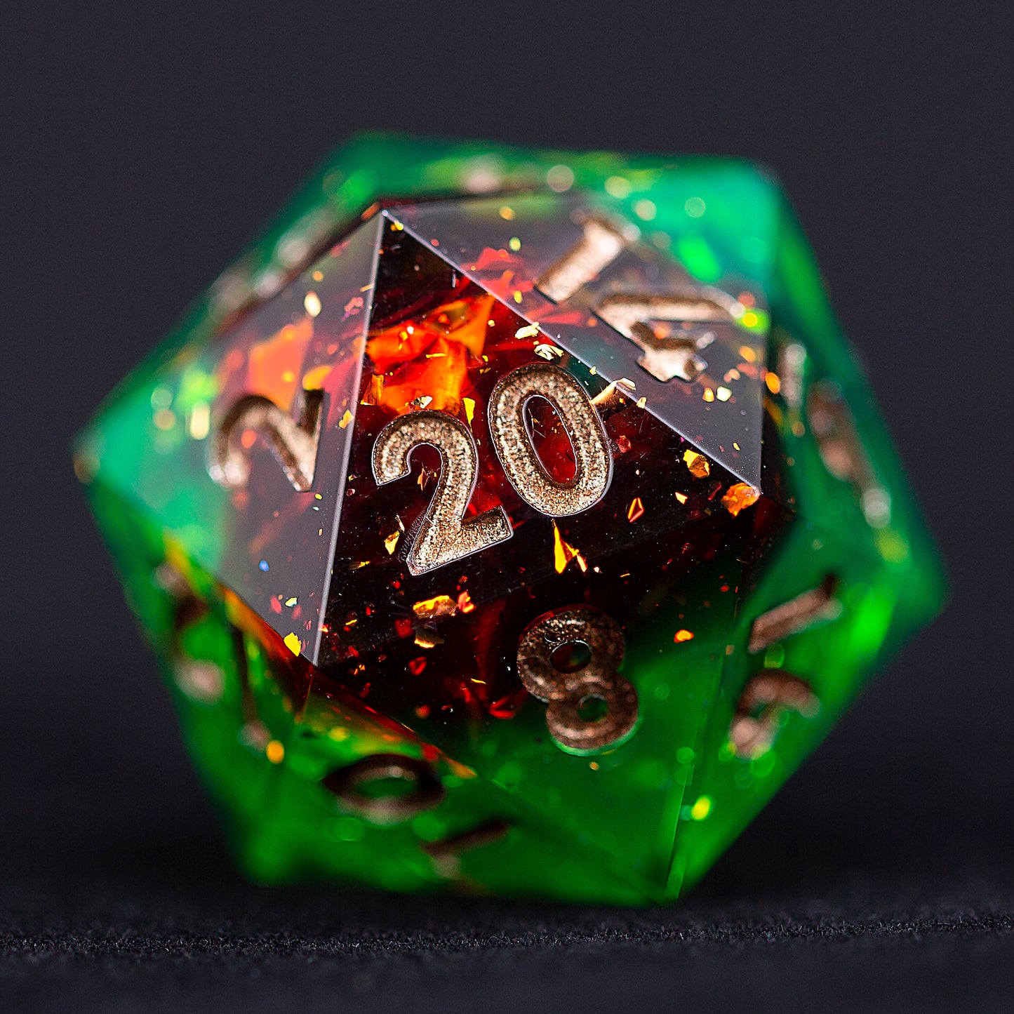 Jungle Fire Handmade Sharp Edge 7 Piece Resin d&d Dungeons and Dragons Dice Set