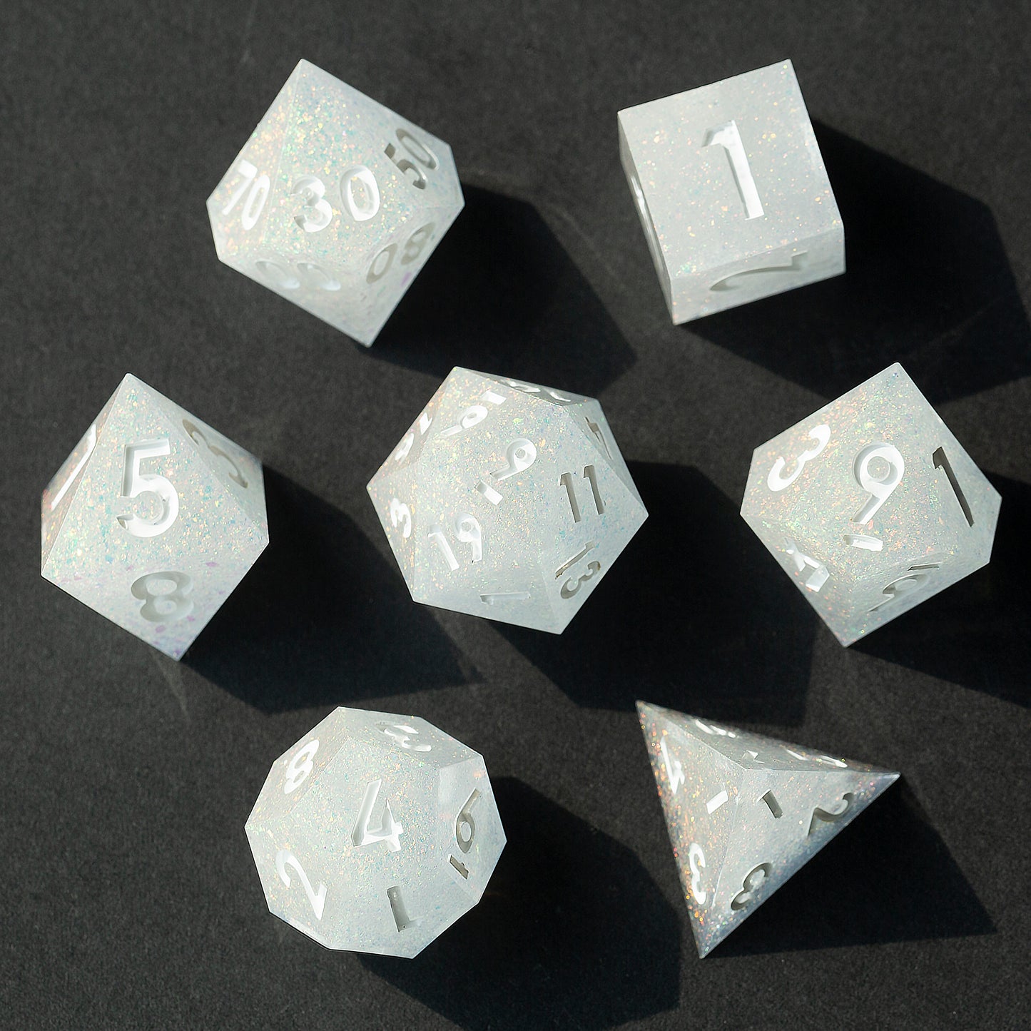 Arctic Snow Handmade Sharp Edge 7 Piece Resin d&d Dungeons and Dragons Dice Set