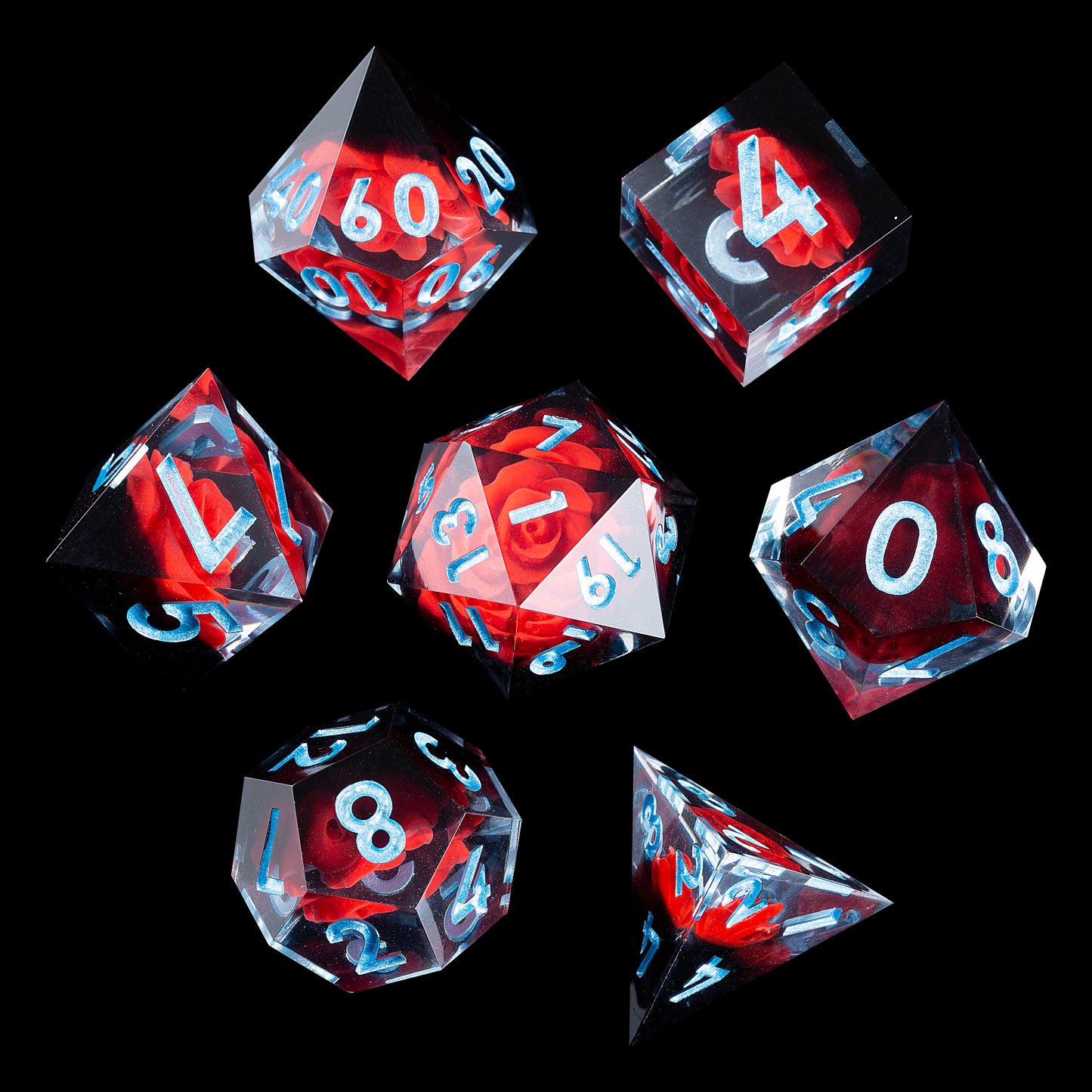 Spooky Flower Handmade Sharp Edge 7 Piece Reesin d&d Dungeons and Dragons Dice Set