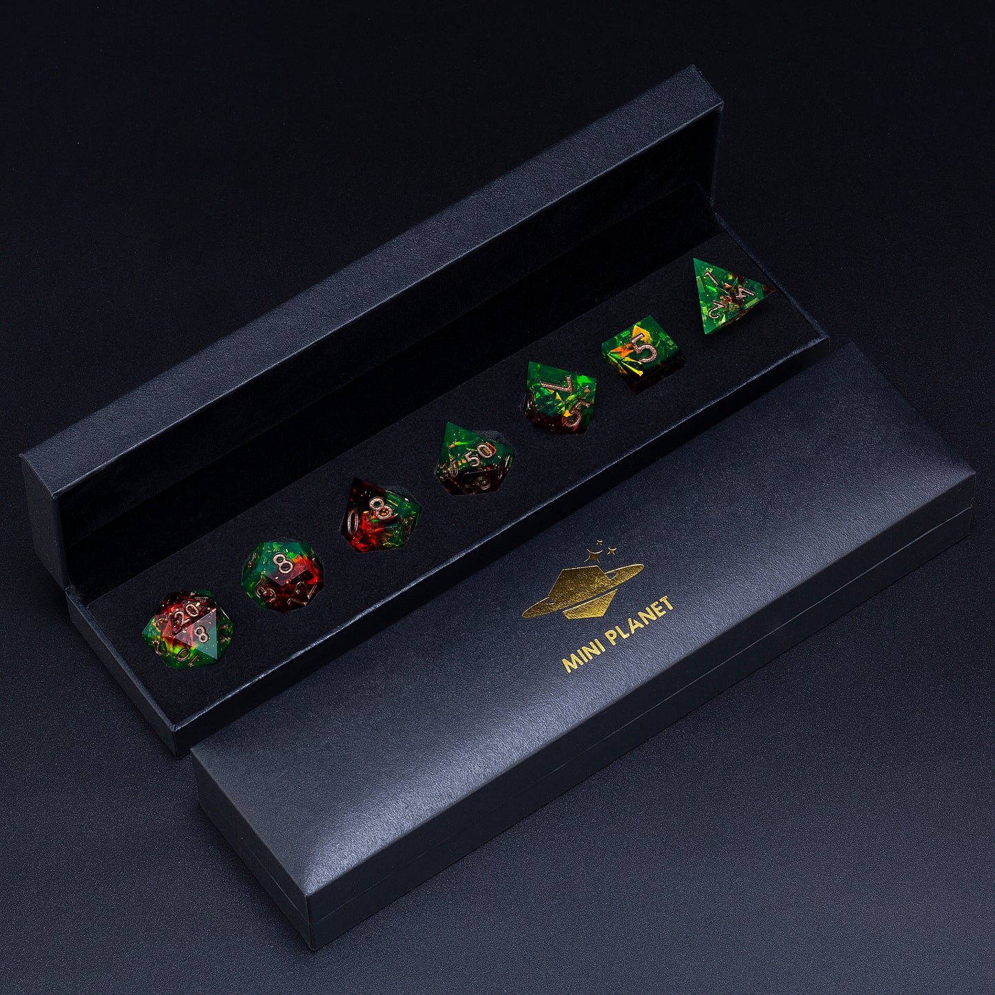 Jungle Fire Handmade Sharp Edge 7 Piece Resin d&d Dungeons and Dragons Dice Set