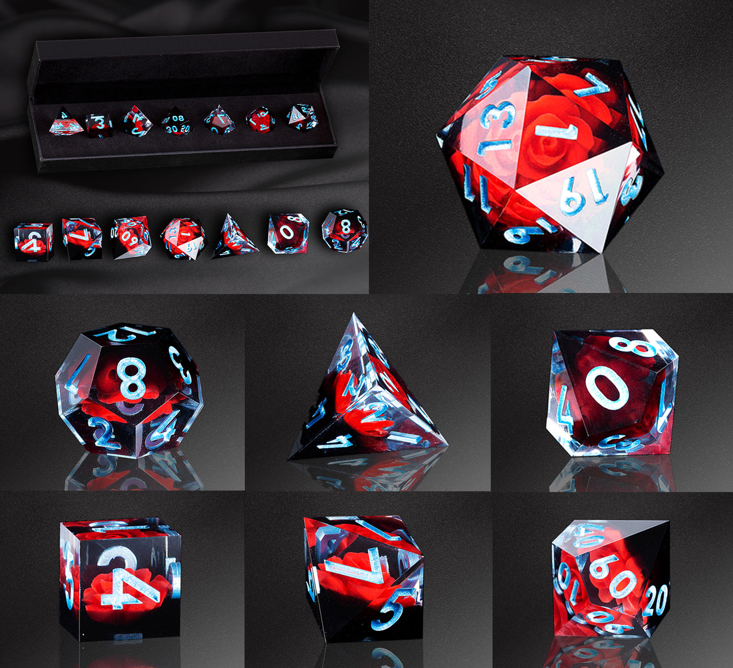 Spooky Flower Handmade Sharp Edge 7 Piece Reesin d&d Dungeons and Dragons Dice Set