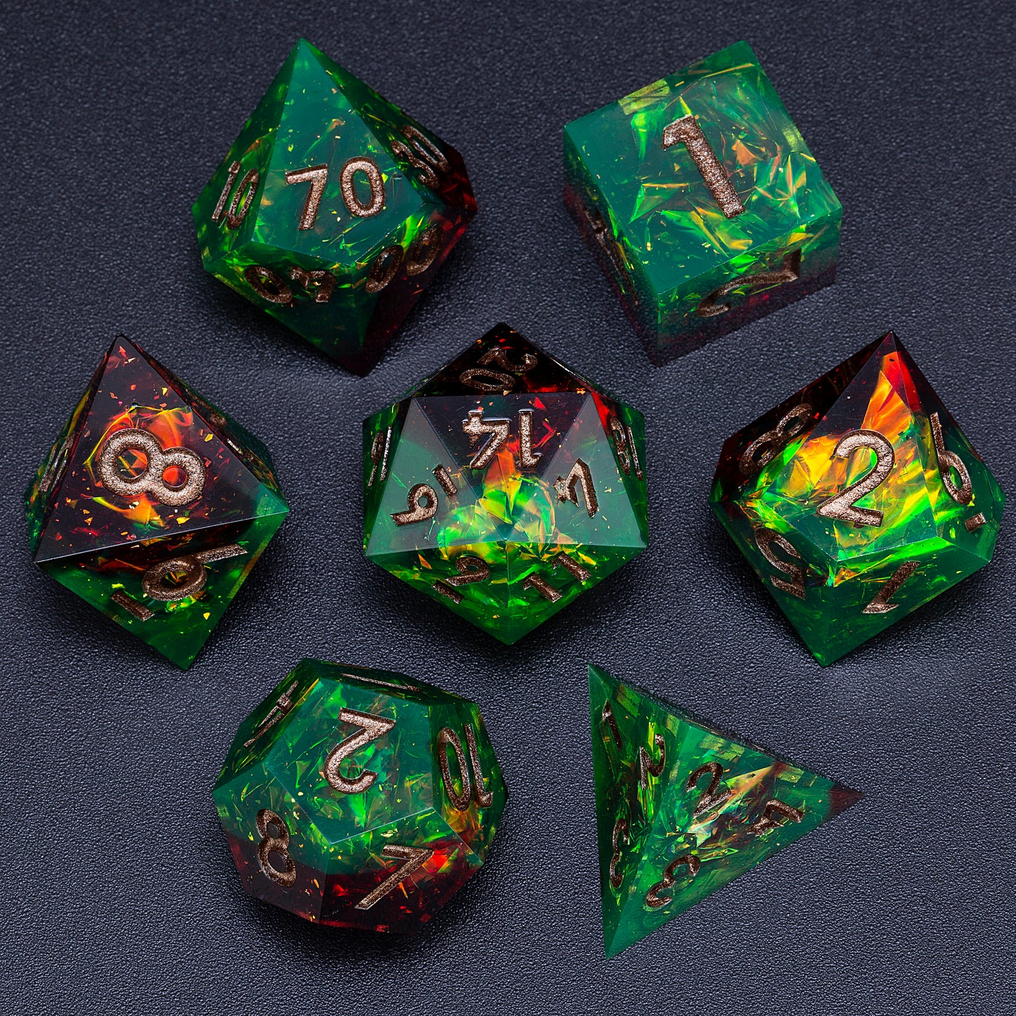 Jungle Fire Handmade Sharp Edge 7 Piece Resin d&d Dungeons and Dragons Dice Set