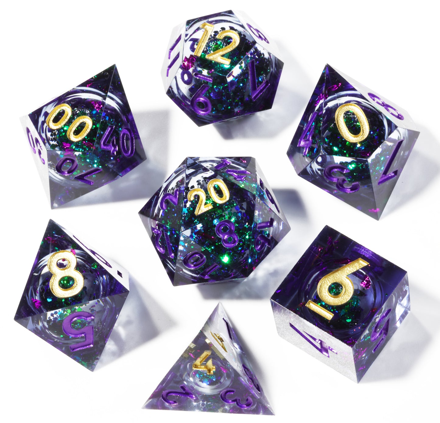 Liquid Core Amerhyst Handmade Sharp Edge 7 Piece Resin d&d Dungeons and Dragons Dice Set