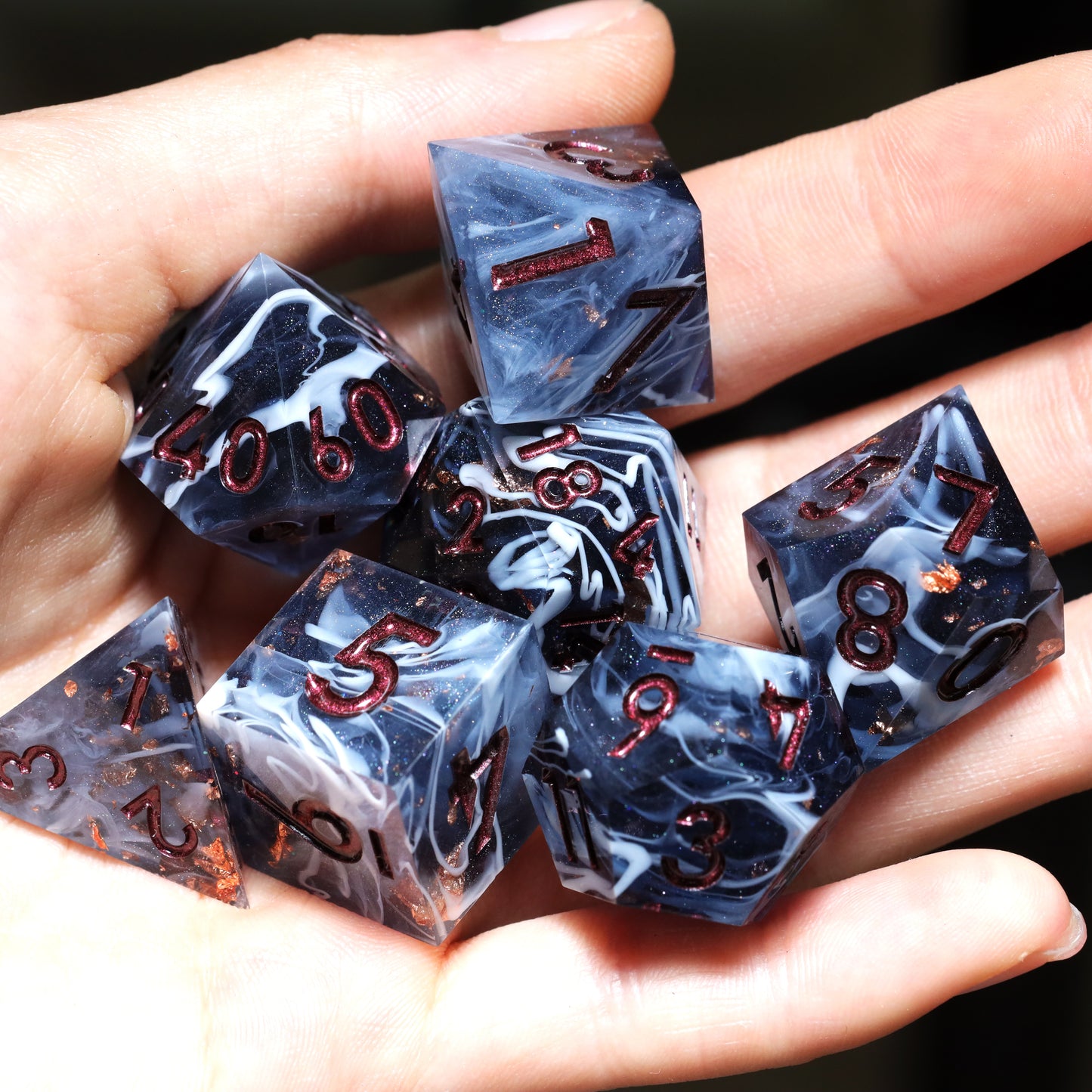 Marbled Crystal Handmade Sharp Edge 7 Piece esin d&d Dungeons and Dragons Dice Set