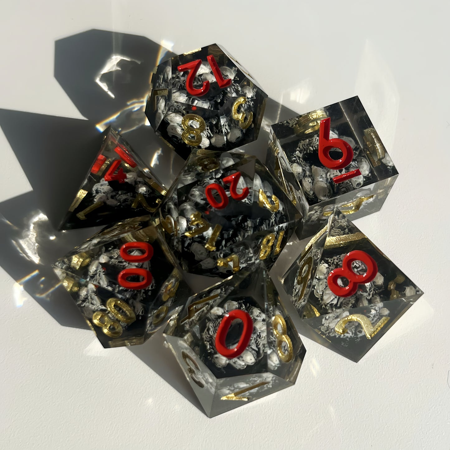 Gothic Skull & Raven Handmade Resin DND Dice Set | Sharp Edge 7-Piece TTRPG Polyhedral Dice for Dungeons and Dragons, Pathfinder | Dark Fantasy Tabletop Gaming Gift