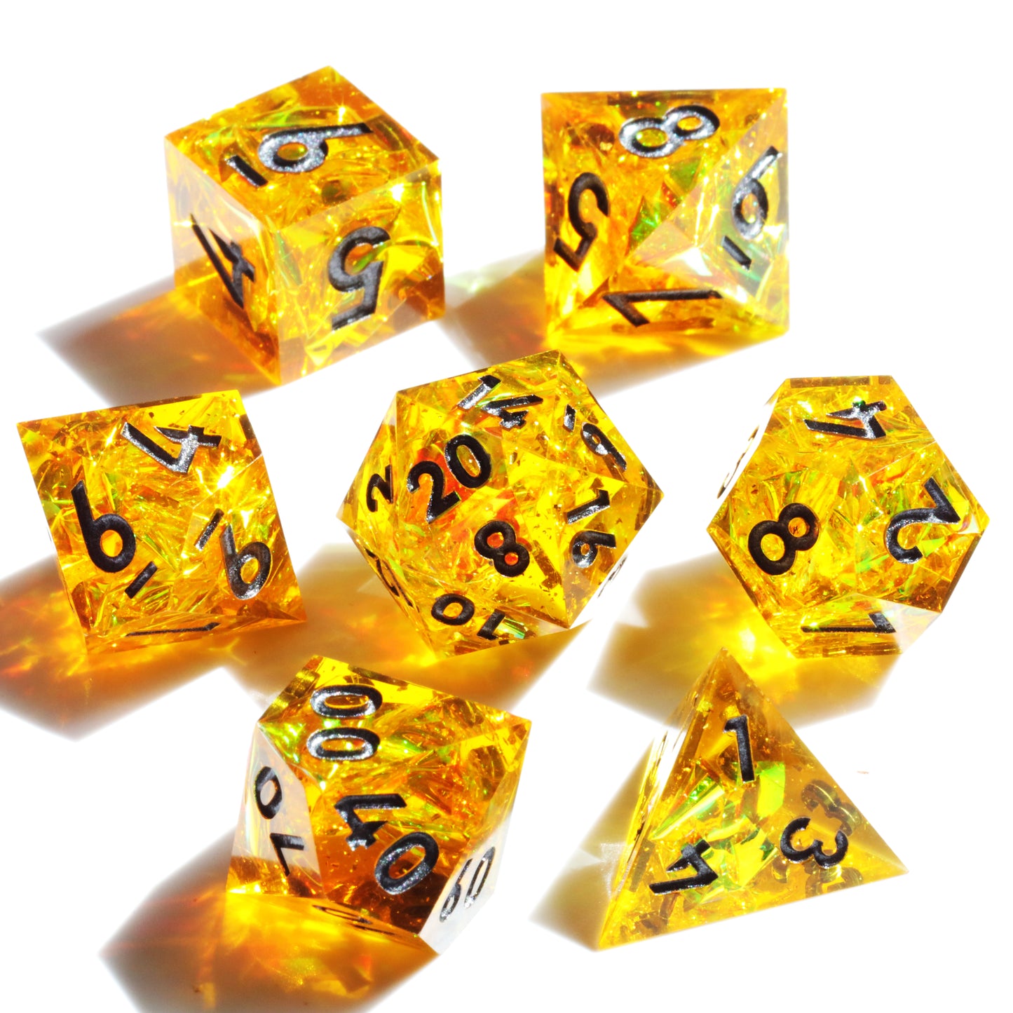 Gold Guardians  Handmade Sharp Edge 7 Piece Resin d&d Dungeons and Dragons Dice Set