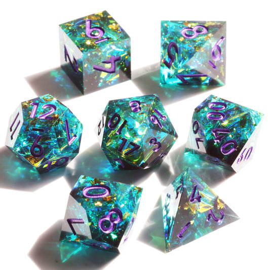 Turquoise Handmade Sharp Edge 7 Piece Reesin d&d Dungeons and Dragons Dice Set