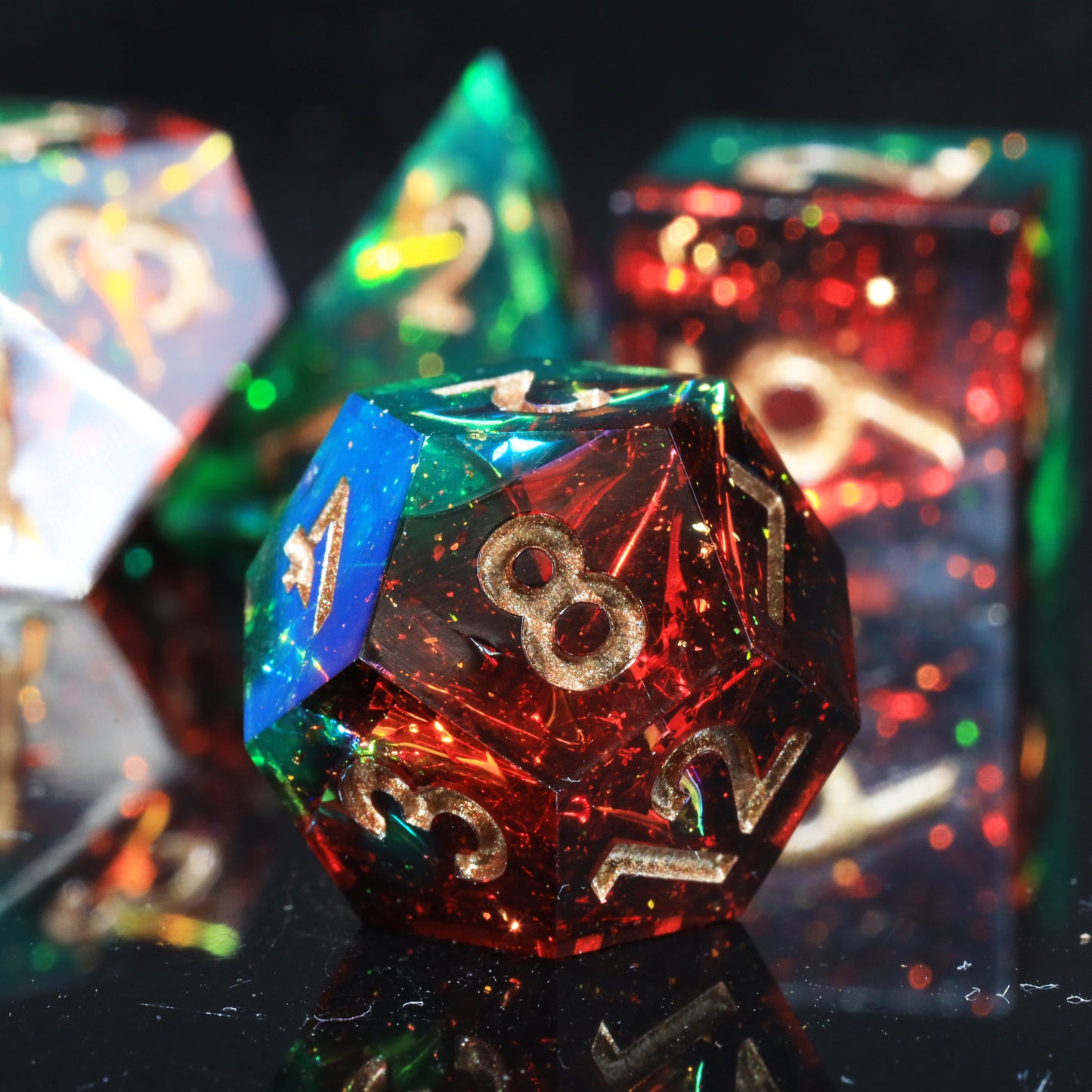 Jungle Fire Handmade Sharp Edge 7 Piece Resin d&d Dungeons and Dragons Dice Set