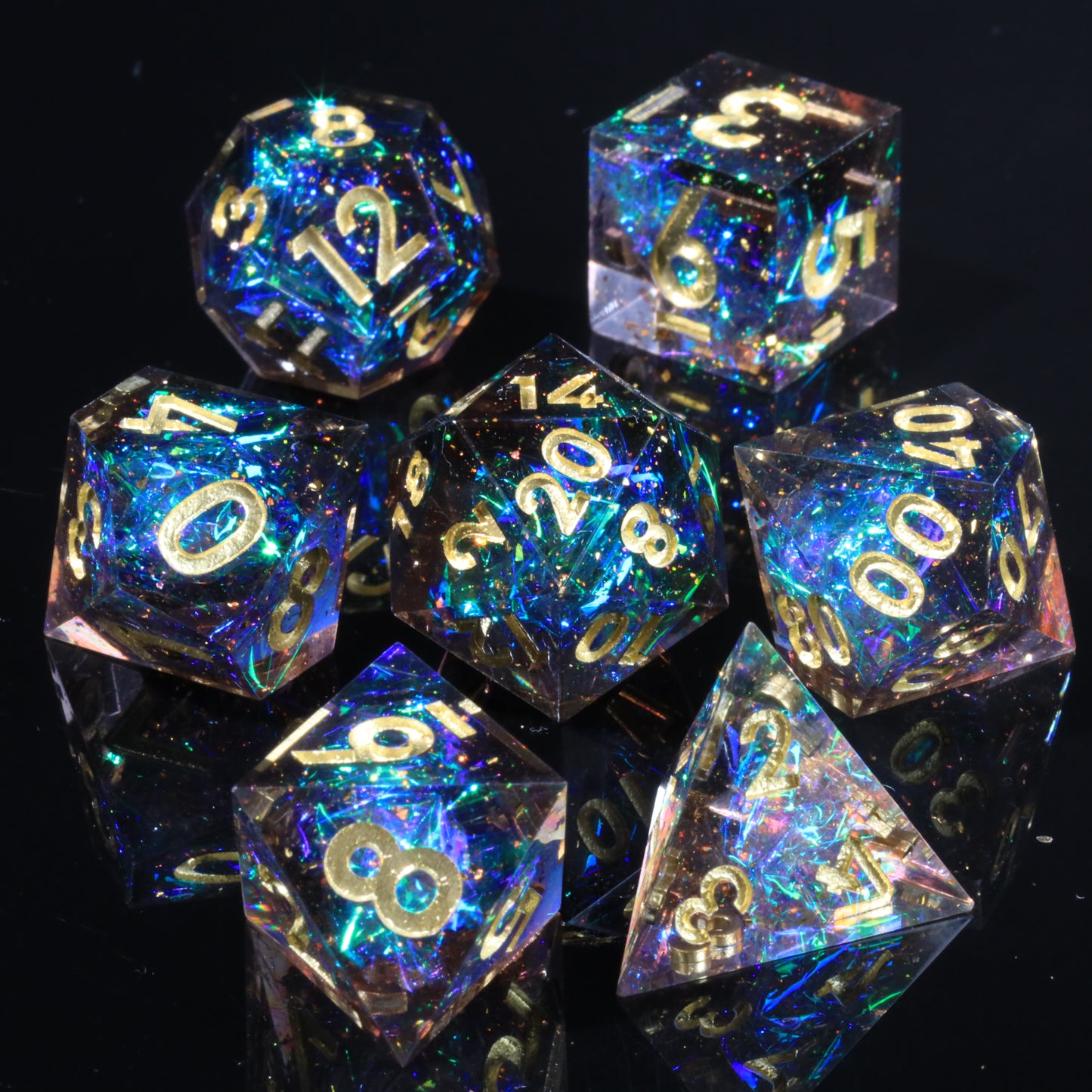 Galaxy Black Handmade Sharp Edge 7 Piece Resin d&d Dungeons and Dragons Dice Set