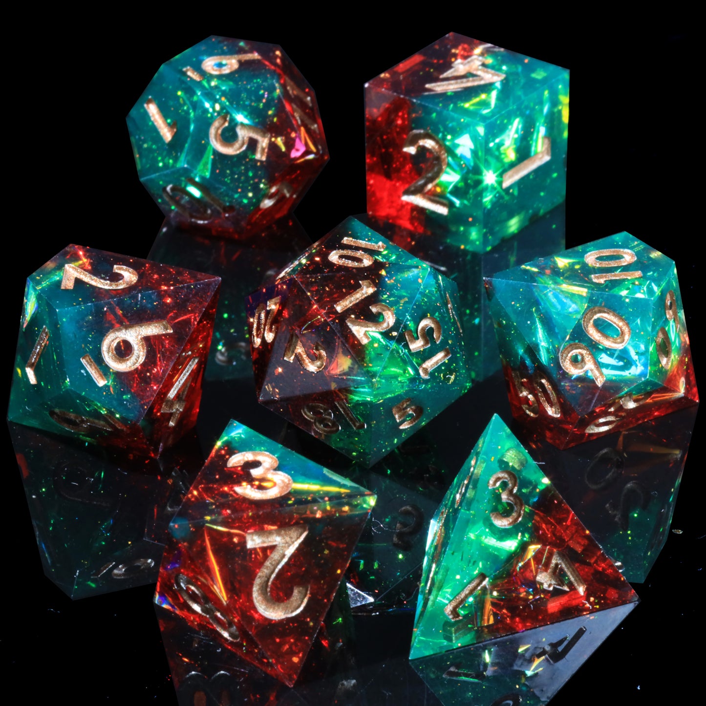 Jungle Fire Handmade Sharp Edge 7 Piece Resin d&d Dungeons and Dragons Dice Set