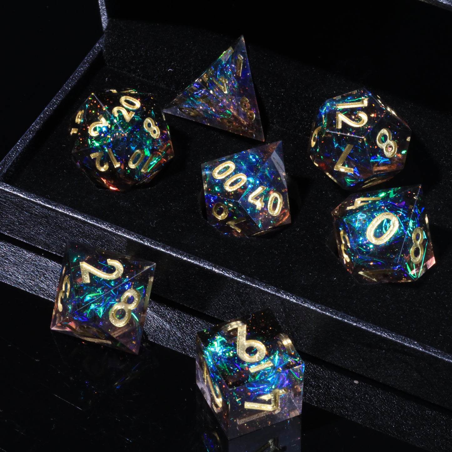 Galaxy Black Handmade Sharp Edge 7 Piece Resin d&d Dungeons and Dragons Dice Set