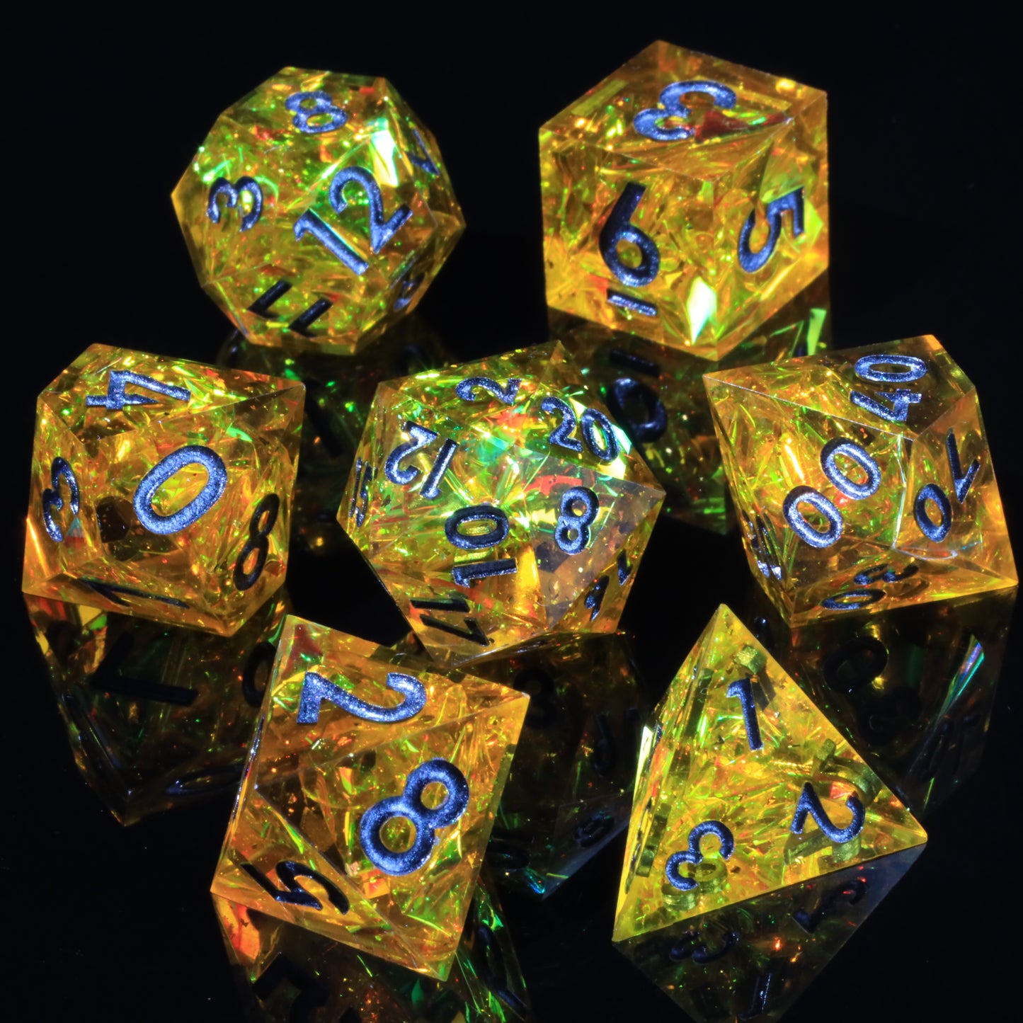 Gold Guardians  Handmade Sharp Edge 7 Piece Resin d&d Dungeons and Dragons Dice Set