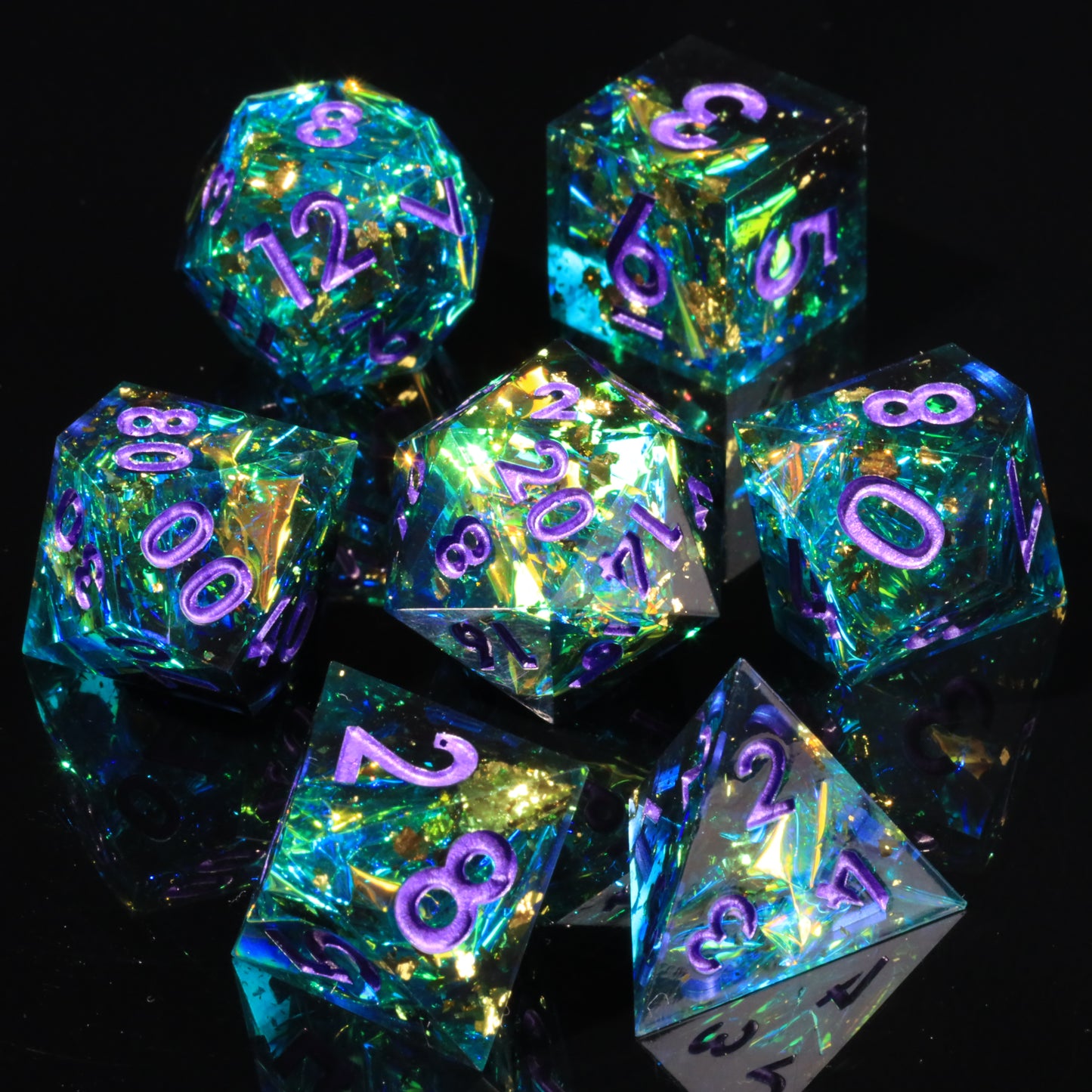 Turquoise Handmade Sharp Edge 7 Piece Reesin d&d Dungeons and Dragons Dice Set