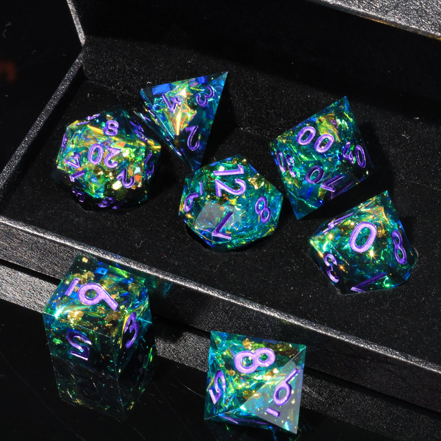 Turquoise Handmade Sharp Edge 7 Piece Reesin d&d Dungeons and Dragons Dice Set