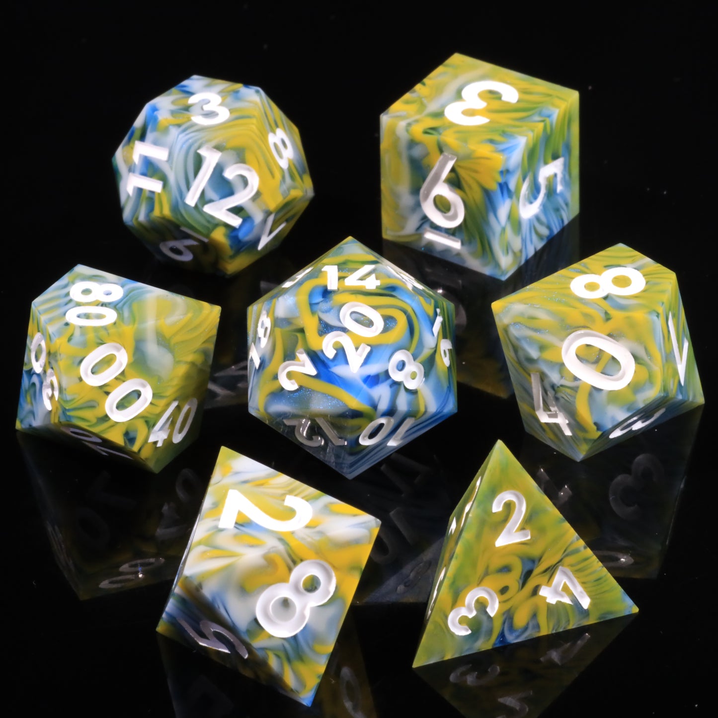 Vaporwave- Handmade Sharp Edge 7 Piece Reesin d&d Dungeons and Dragons Dice Set