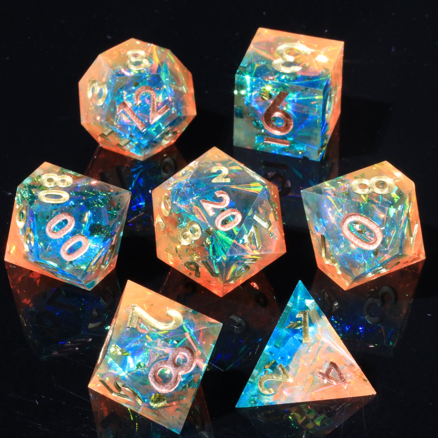 Fredom And Piety Handmade Sharp Edge 7 Piece Resin d&d Dungeons and Dragons Dice Set