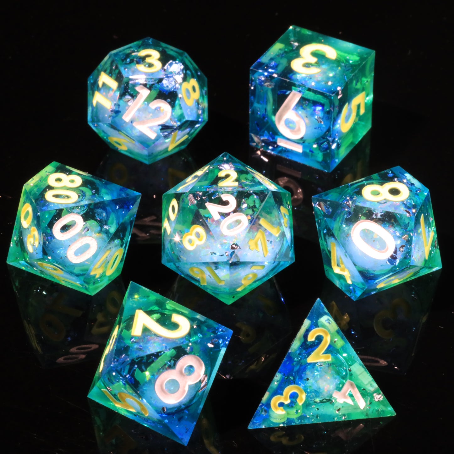 Emerald Garden Handmade Sharp Edge 7 Piece  Resin d&d Dungeons and Dragons Dice Set