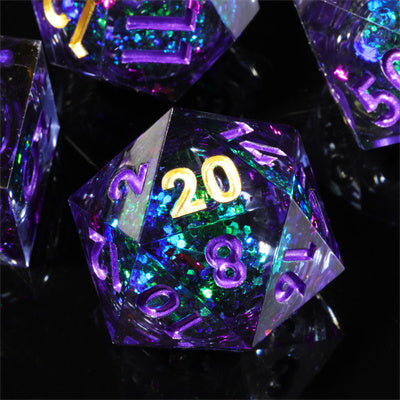 Liquid Core Amerhyst Handmade Sharp Edge 7 Piece Resin d&d Dungeons and Dragons Dice Set